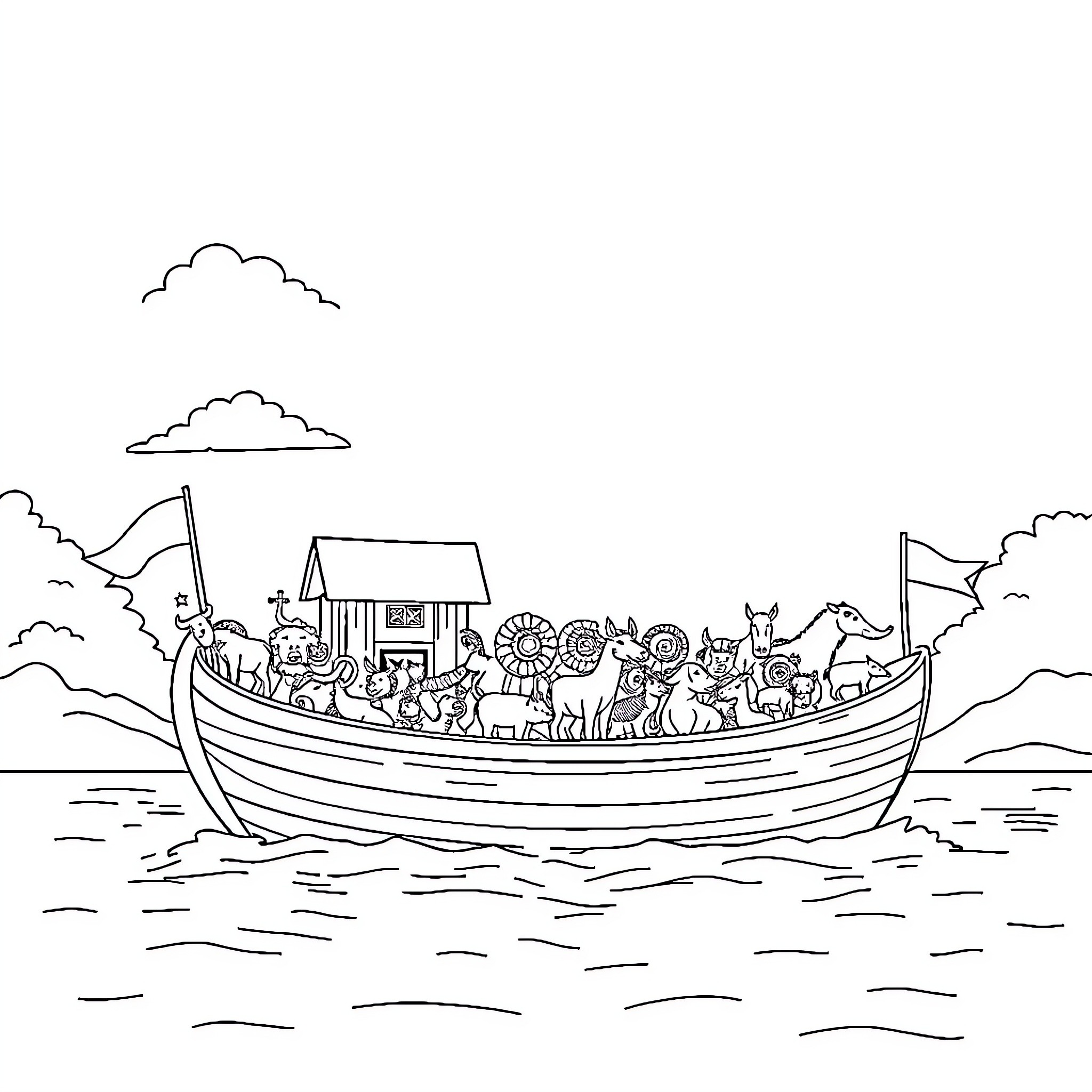 Noah's Ark filled with animals and people sailing on the waters Coloring Page (free black-and-white line drawing printable PDF for all, from beginners to advanced learners, including children, teens, adults, and seniors)