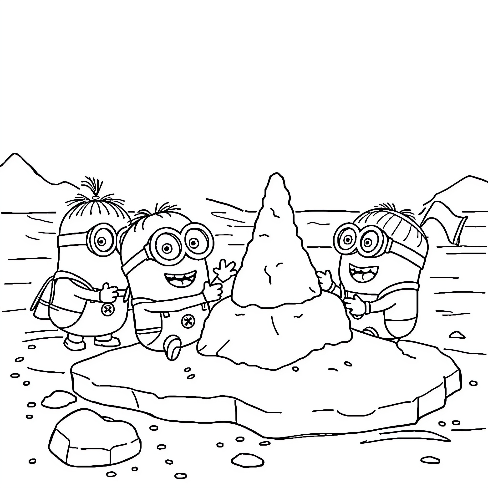 Minions playing on the beach Coloring Page (free black-and-white line drawing printable PDF for all, from beginners to advanced learners, including children, teens, adults, and seniors)