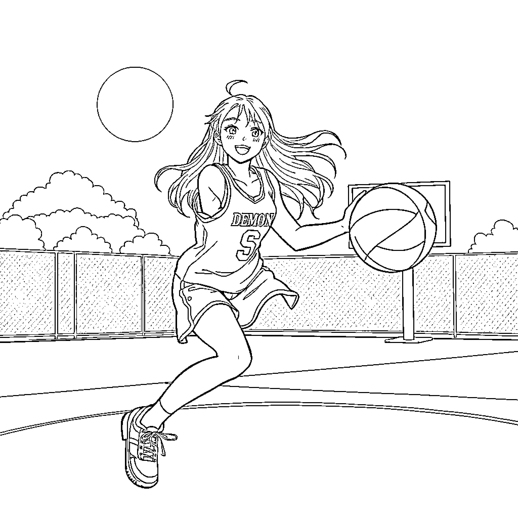 Mira playing basketball on the court Coloring Page (free black-and-white line drawing printable PDF for all, from beginners to advanced learners, including children, teens, adults, and seniors)