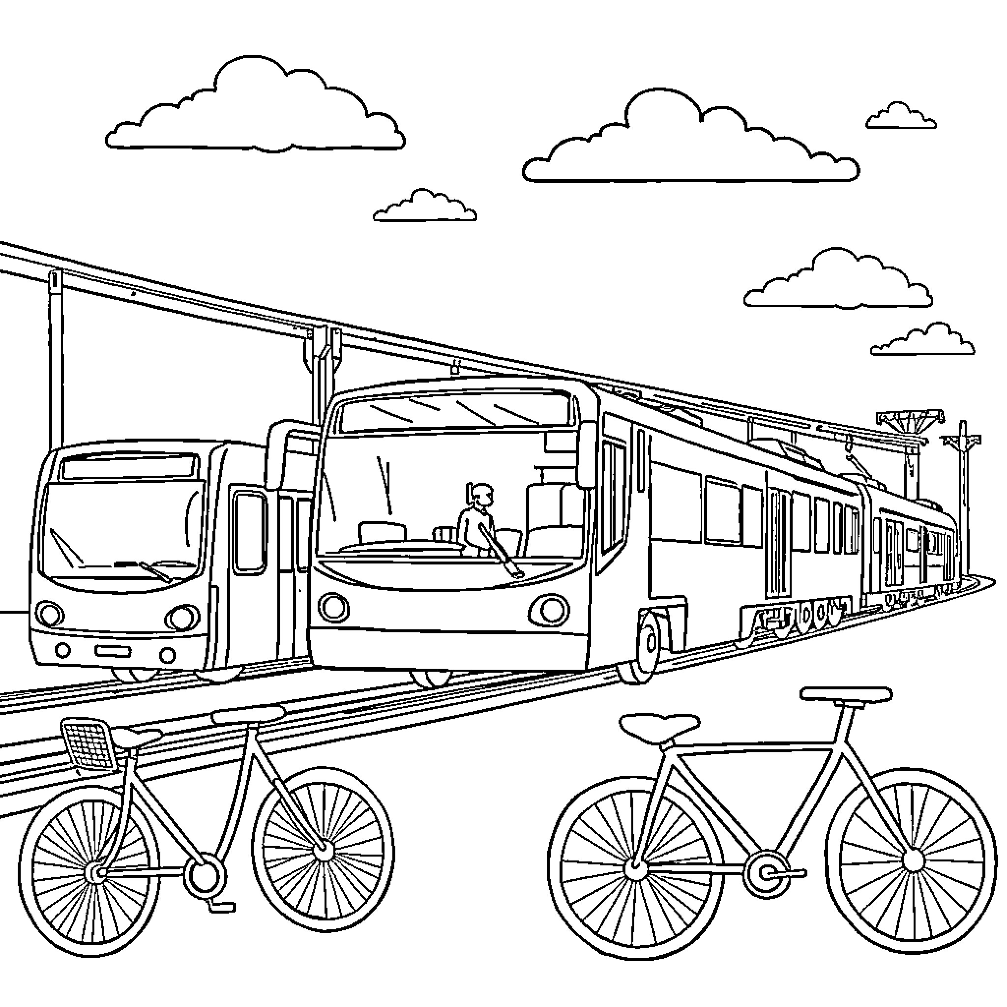 Transportation of passengers and bicycles on train Coloring Page (free black-and-white line drawing printable PDF for all, from beginners to advanced learners, including children, teens, adults, and seniors)