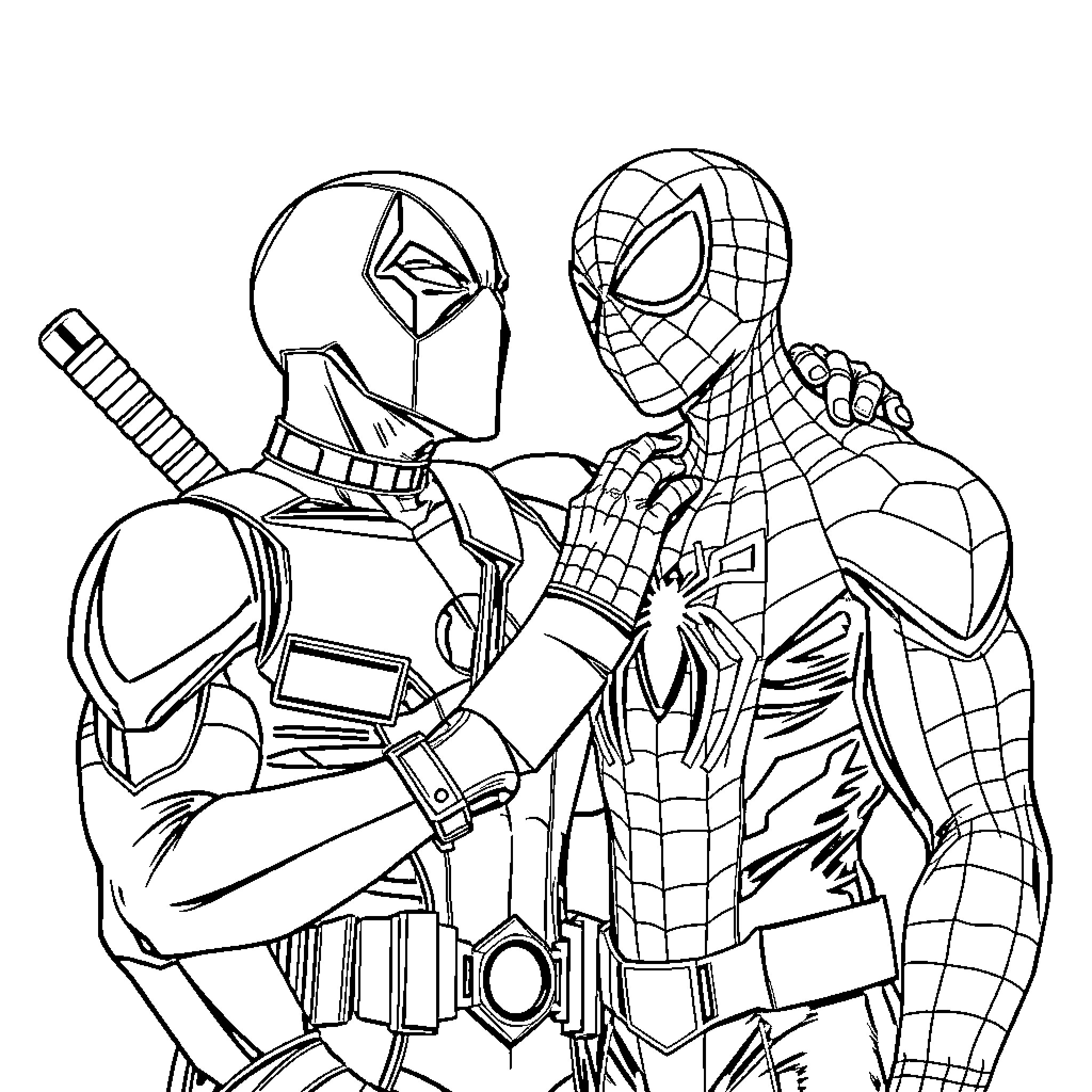 Deadpool and Spider-Man in Action Coloring Page (free black-and-white line drawing printable PDF for all, from beginners to advanced learners, including children, teens, adults, and seniors)