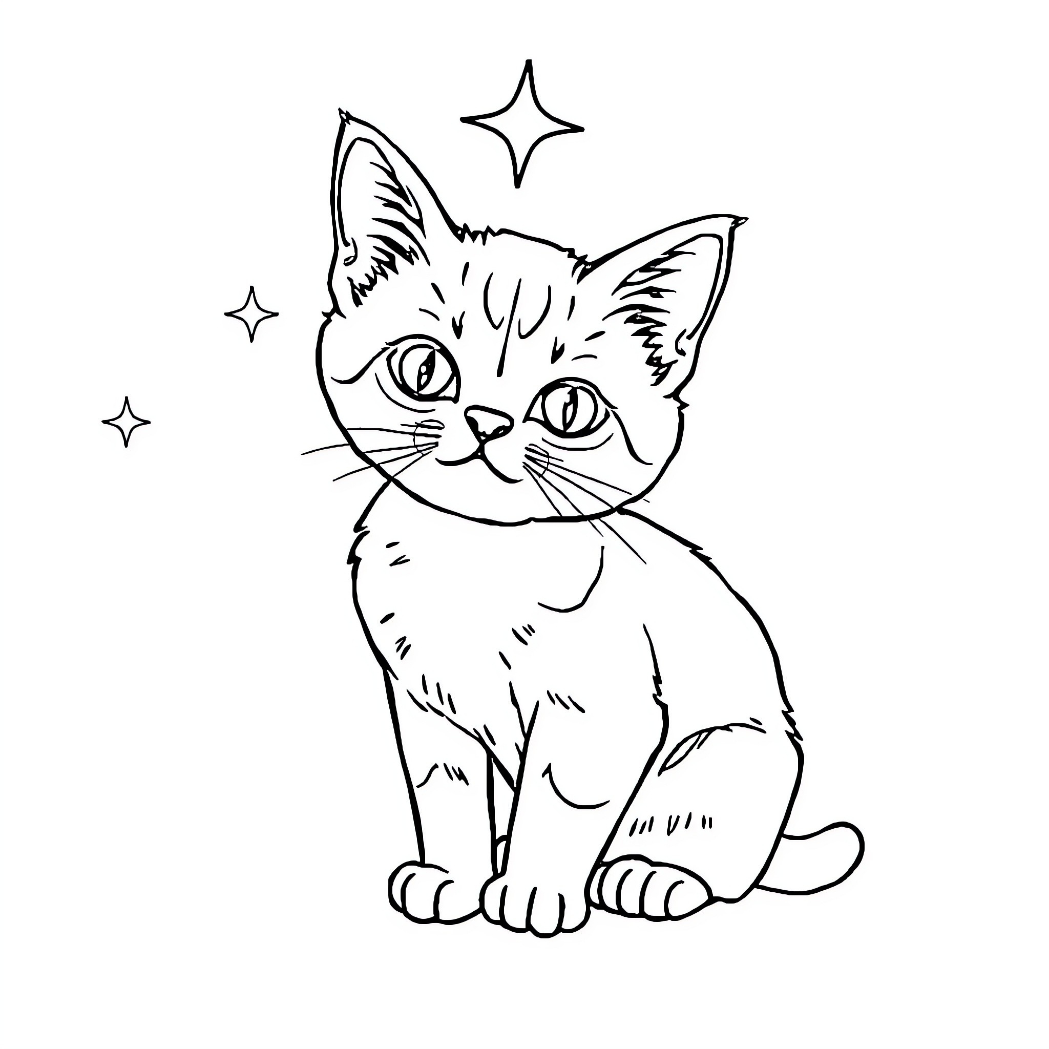 Cat surrounded by sparkling stars Coloring Page (free black-and-white line drawing printable PDF for all, from beginners to advanced learners, including children, teens, adults, and seniors)