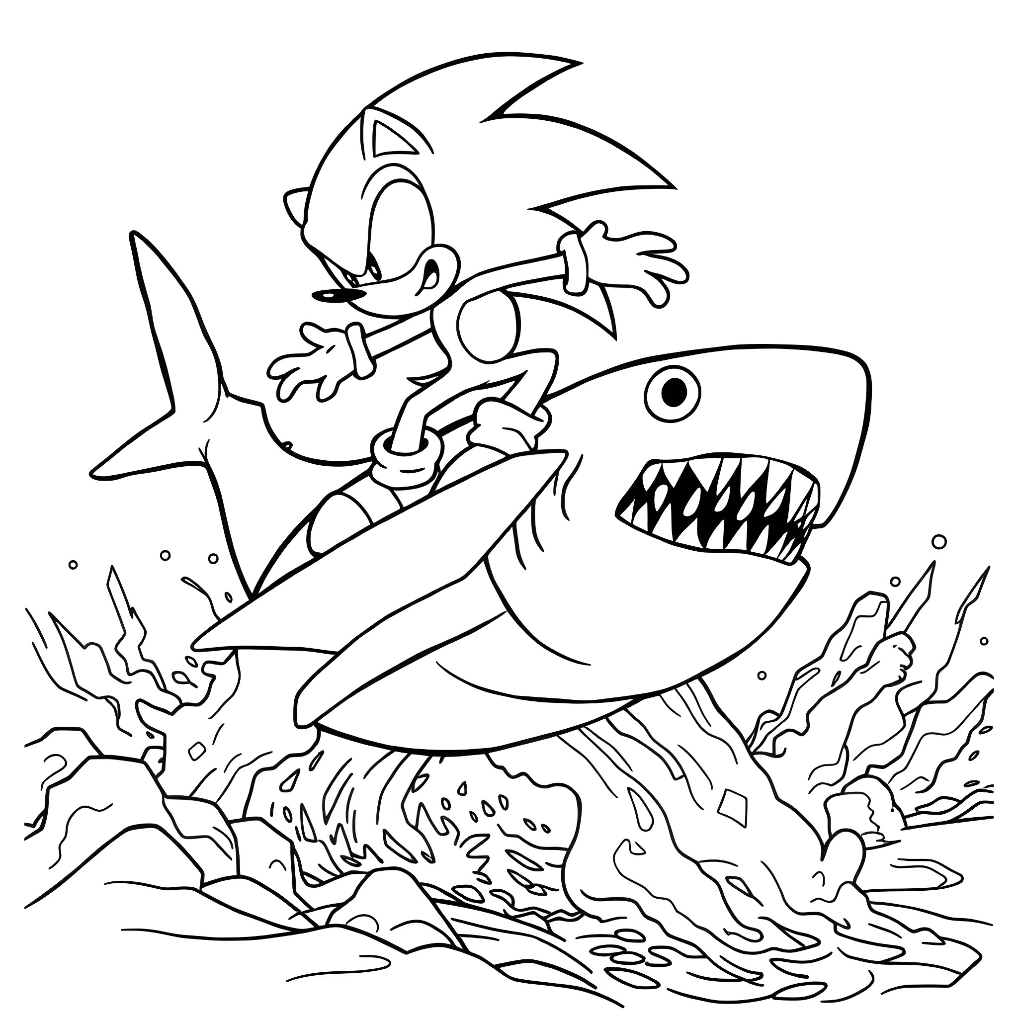 Sonic riding a menacing shark in the ocean Coloring Page (free black-and-white line drawing printable PDF for all, from beginners to advanced learners, including children, teens, adults, and seniors)