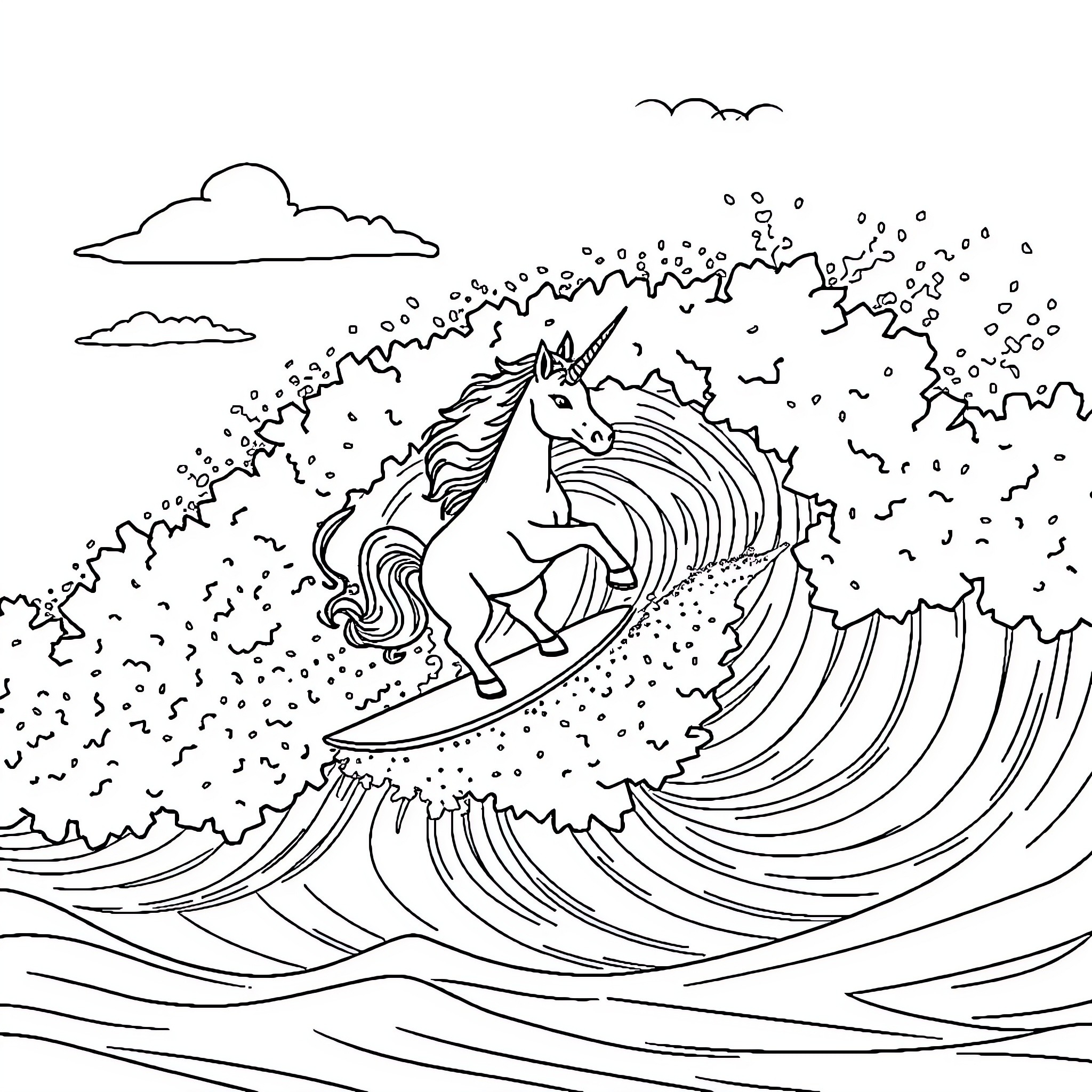 Unicorn Riding Powerful Waves Coloring Page (free black-and-white line drawing printable PDF for all, from beginners to advanced learners, including children, teens, adults, and seniors)