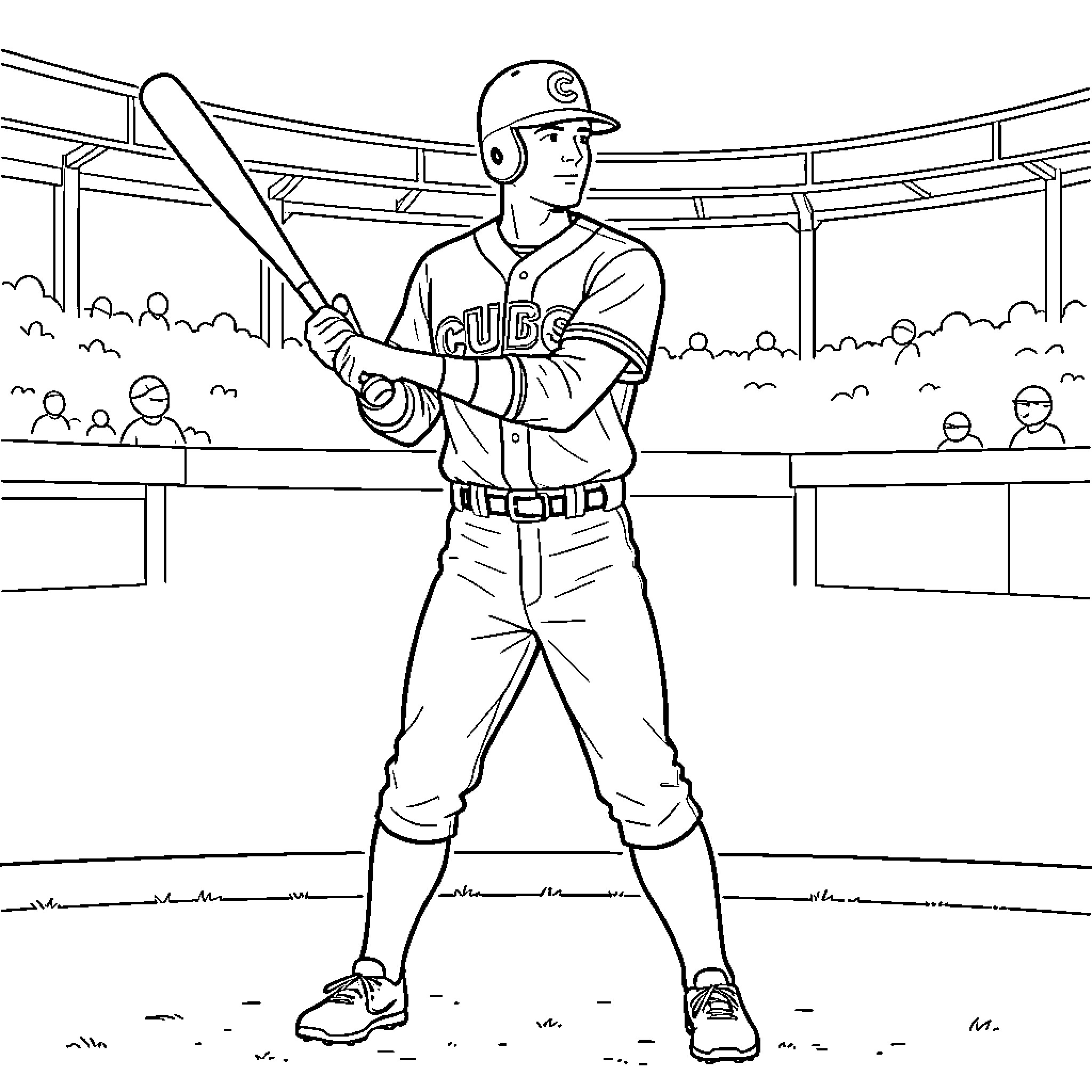 Pete Crow-Armstrong holding a baseball bat in a stadium Coloring Page (free black-and-white line drawing printable PDF for all, from beginners to advanced learners, including children, teens, adults, and seniors)
