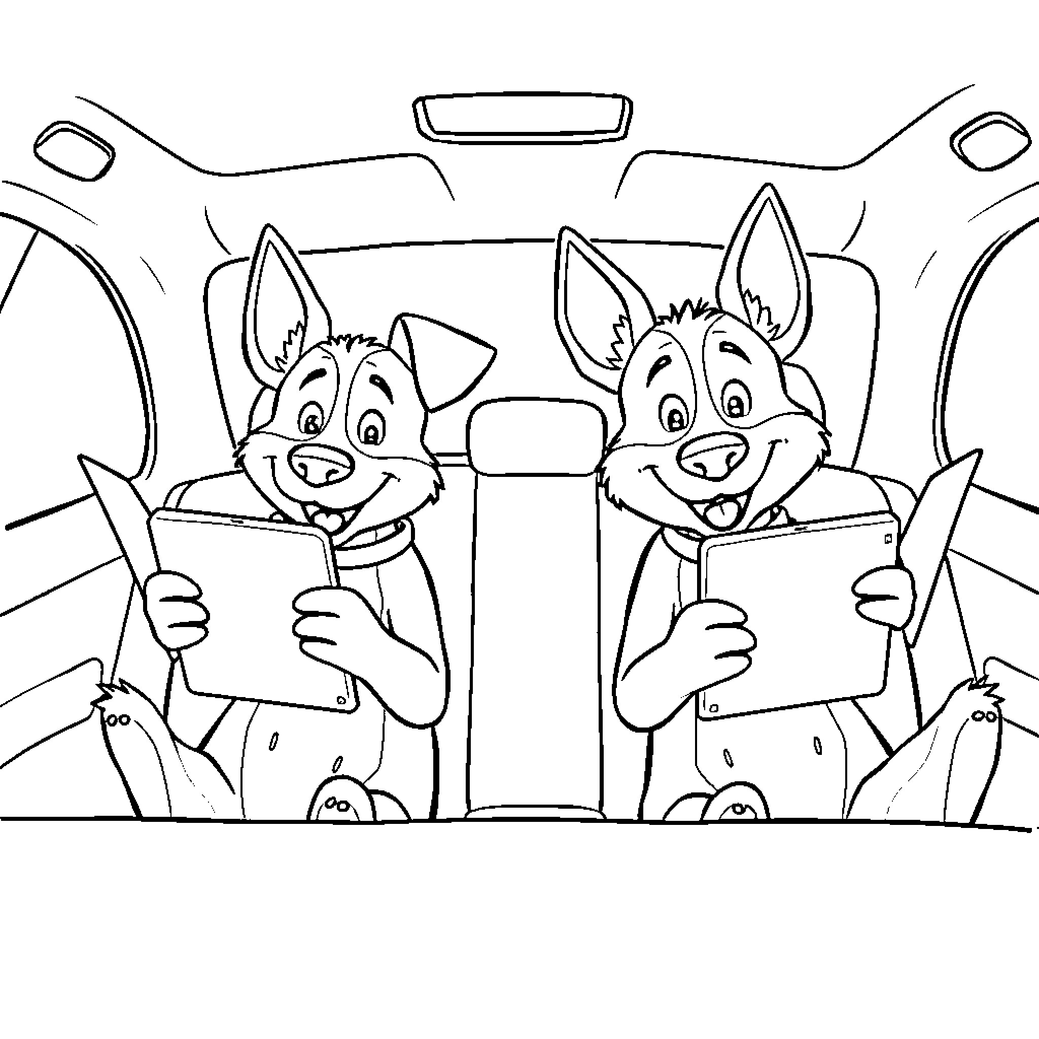 Bluey siblings enjoying a road trip together Coloring Page (free black-and-white line drawing printable PDF for all, from beginners to advanced learners, including children, teens, adults, and seniors)