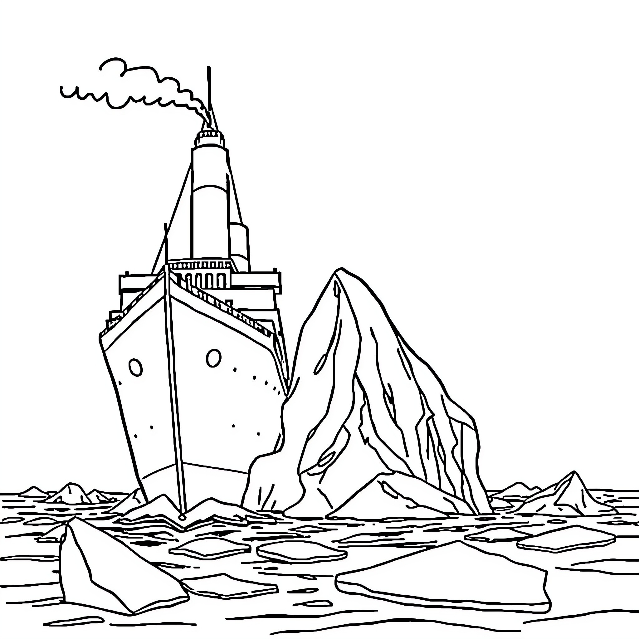 Titanic ship sinking in icy waters near icebergs Coloring Page (free black-and-white line drawing printable PDF for all, from beginners to advanced learners, including children, teens, adults, and seniors)