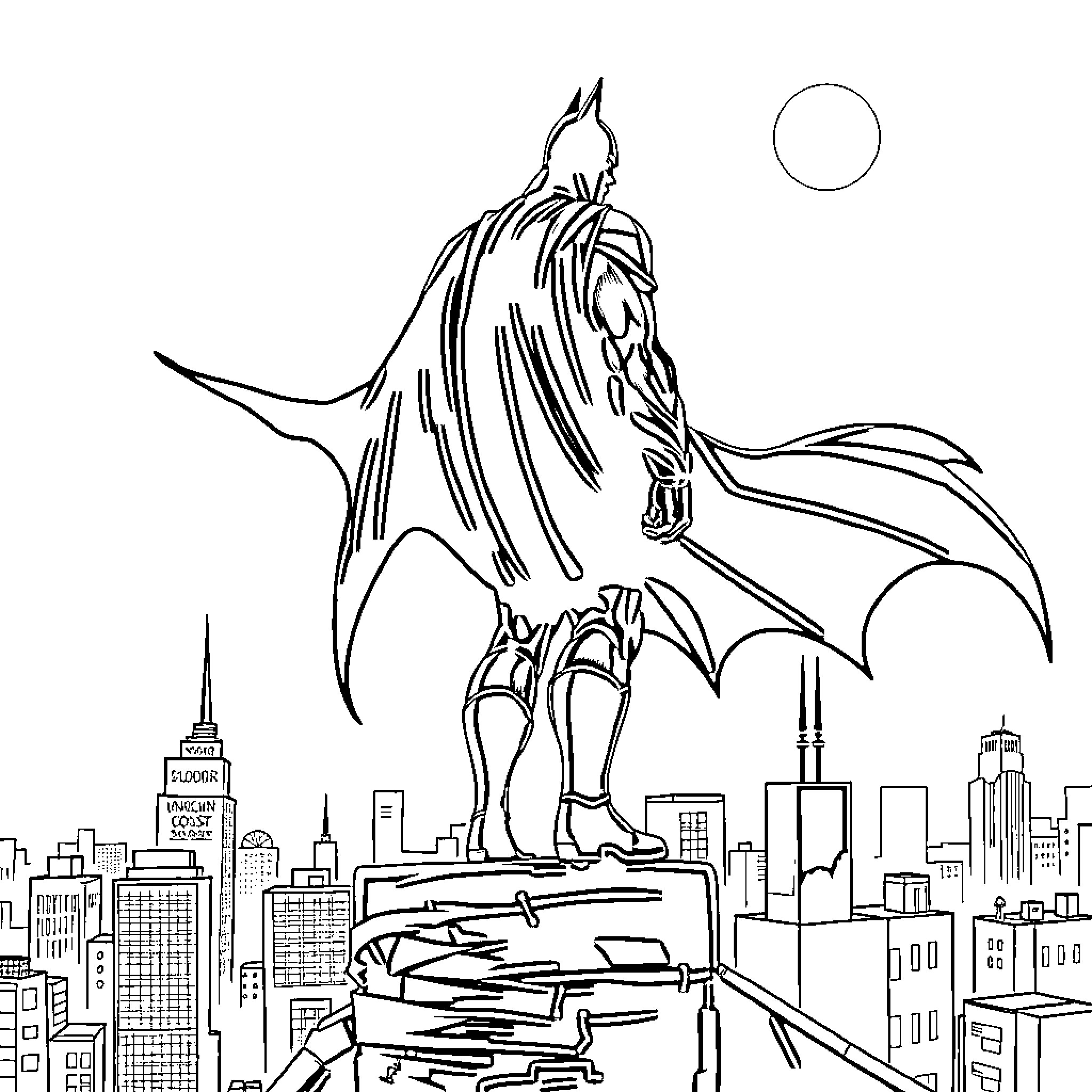 Batman surveying the city from a high-rise building Coloring Page (free black-and-white line drawing printable PDF for all, from beginners to advanced learners, including children, teens, adults, and seniors)