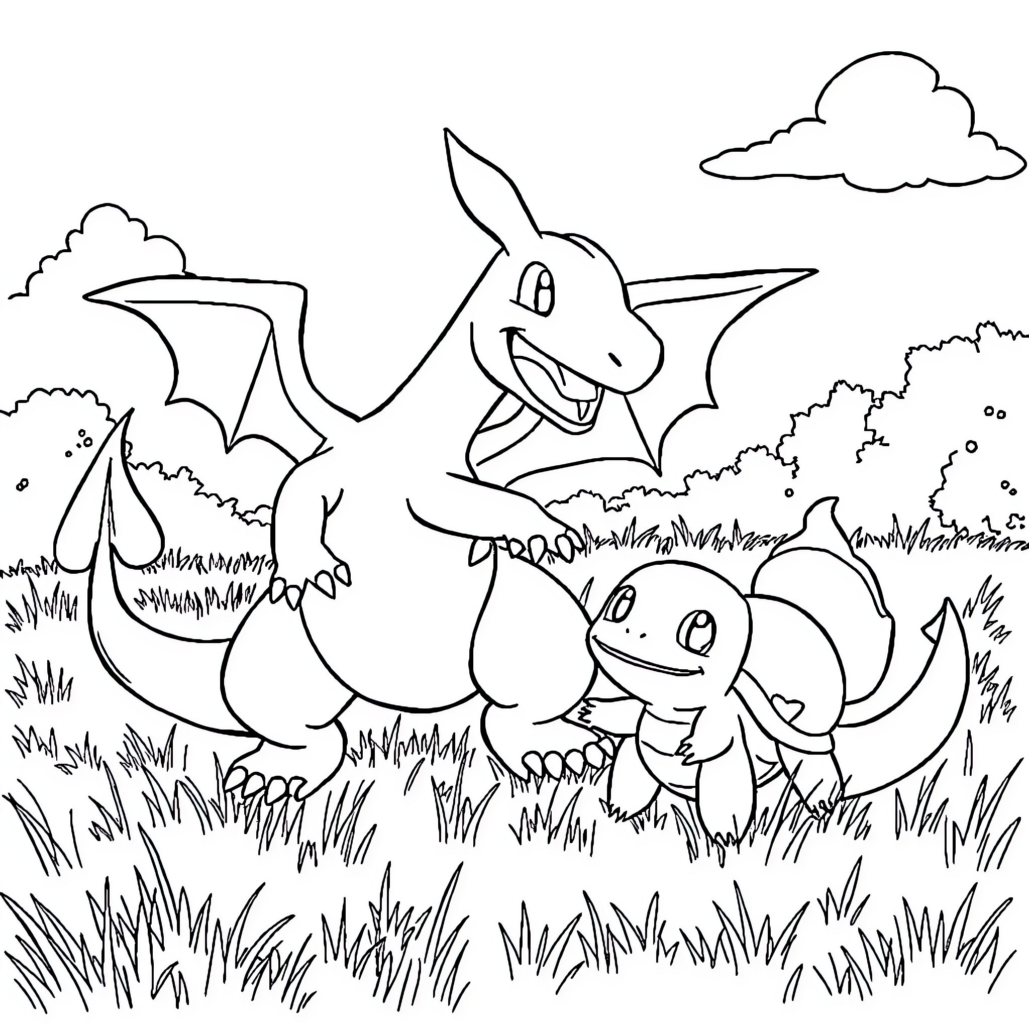 Charizard and Charmander playing in the field Coloring Page (free black-and-white line drawing printable PDF for all, from beginners to advanced learners, including children, teens, adults, and seniors)