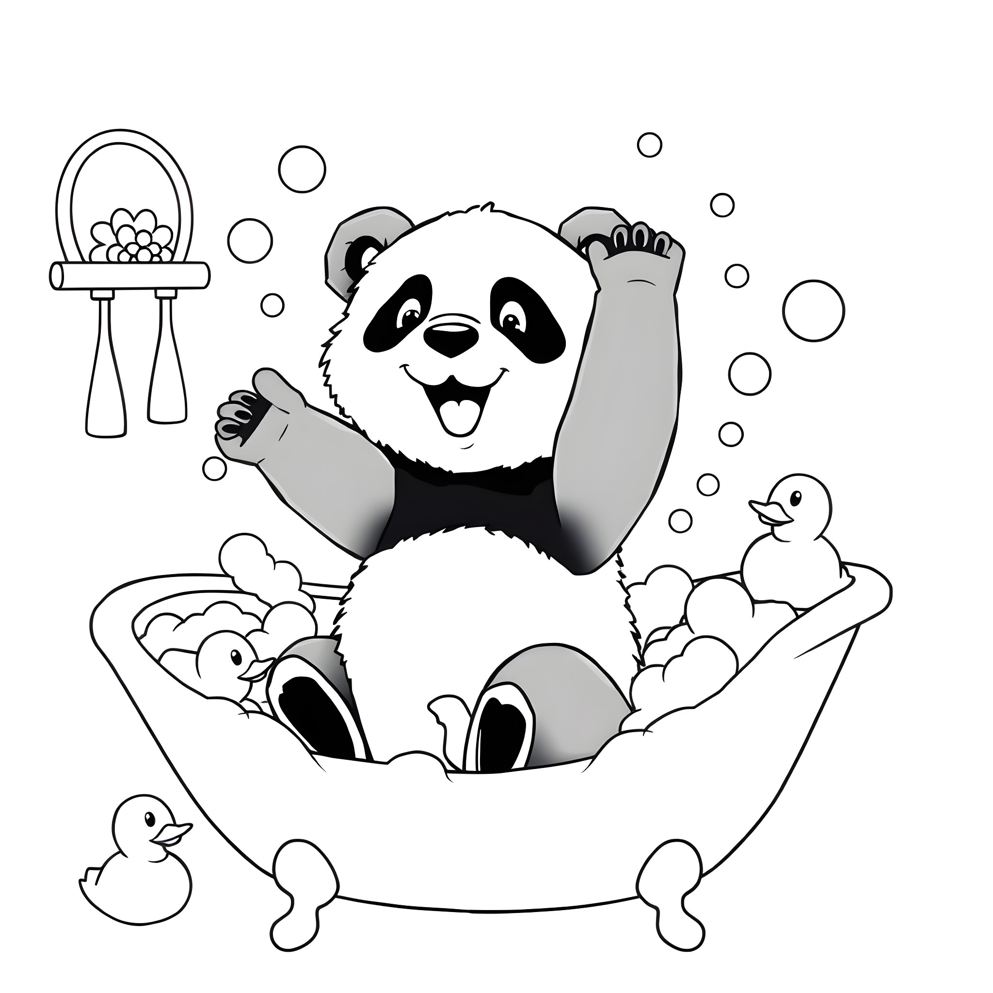 Panda enjoying a bubbly bath with toys Coloring Page (free black-and-white line drawing printable PDF for all, from beginners to advanced learners, including children, teens, adults, and seniors)
