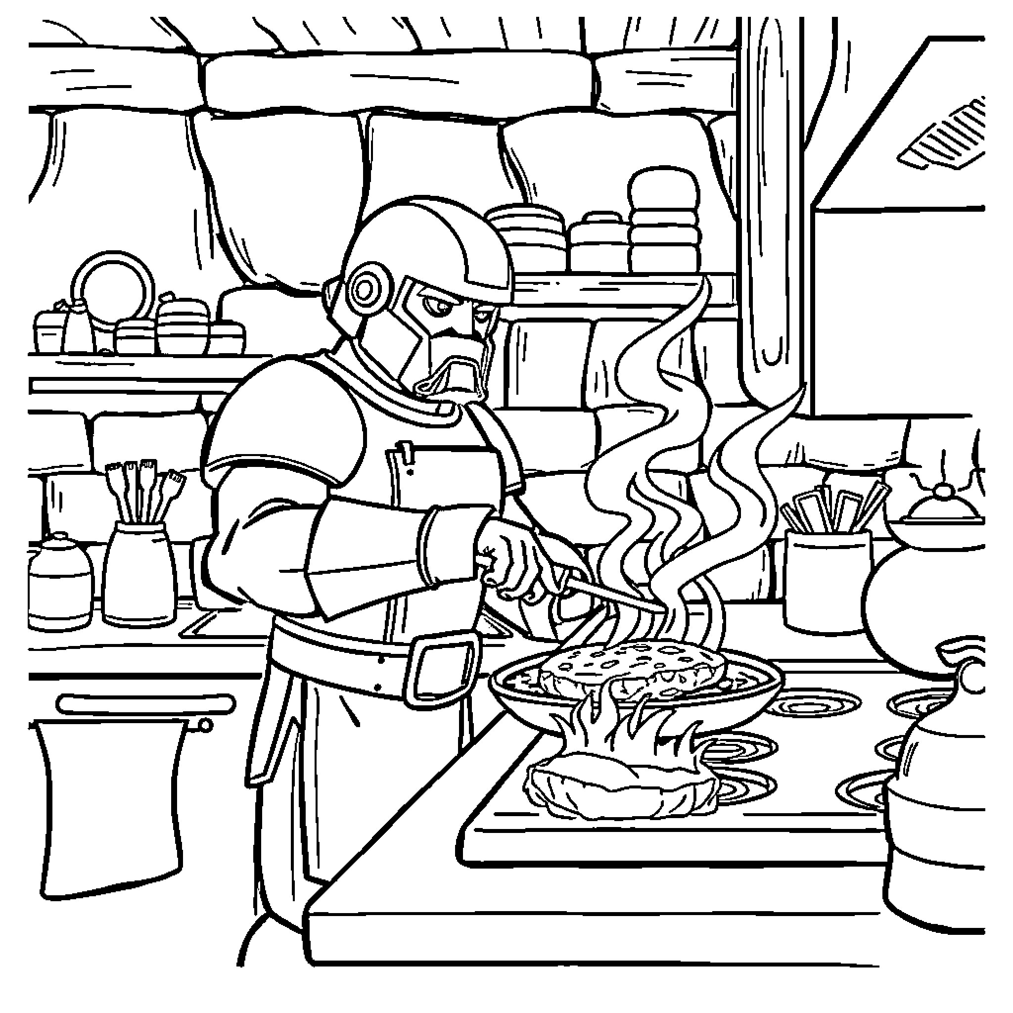 Protoman working hard in a kitchen Coloring Page (free black-and-white line drawing printable PDF for all, from beginners to advanced learners, including children, teens, adults, and seniors)