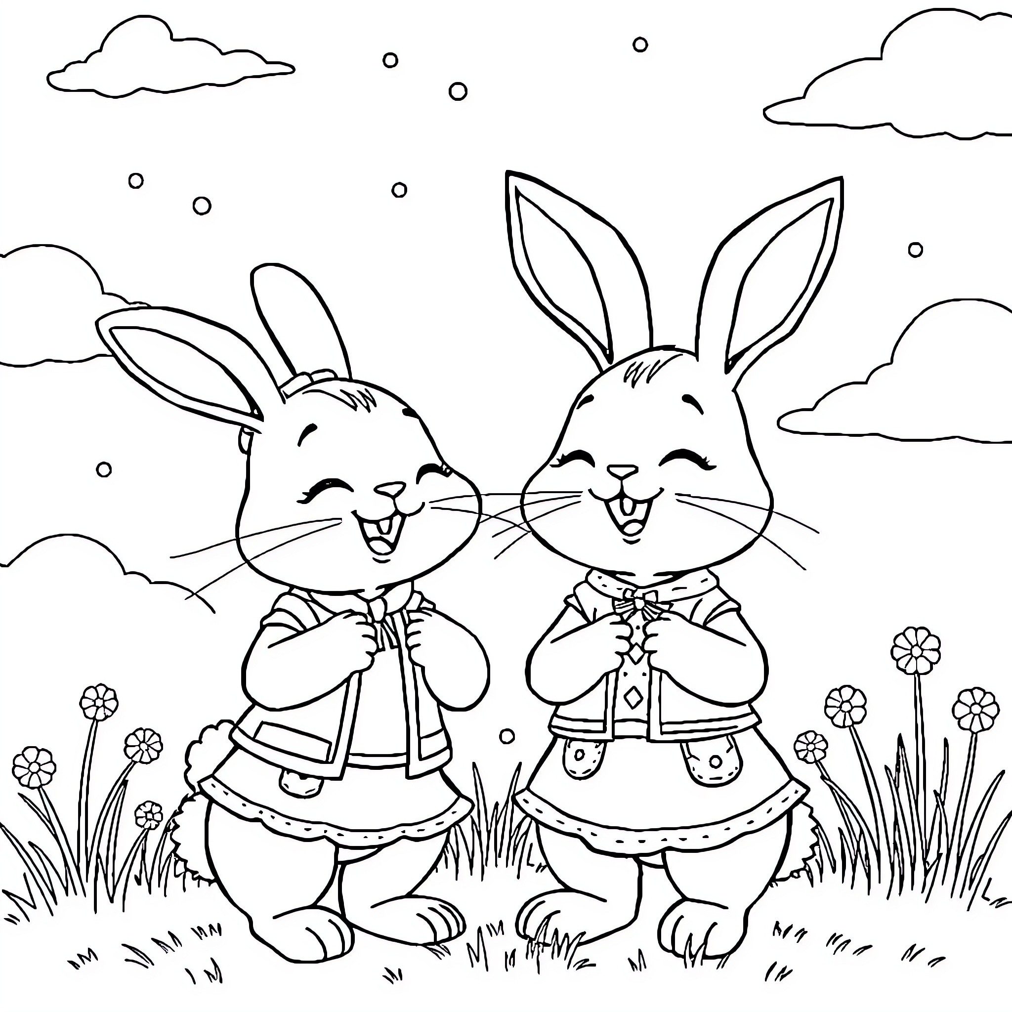 Bunny friends enjoying the outdoors Coloring Page (free black-and-white line drawing printable PDF for all, from beginners to advanced learners, including children, teens, adults, and seniors)