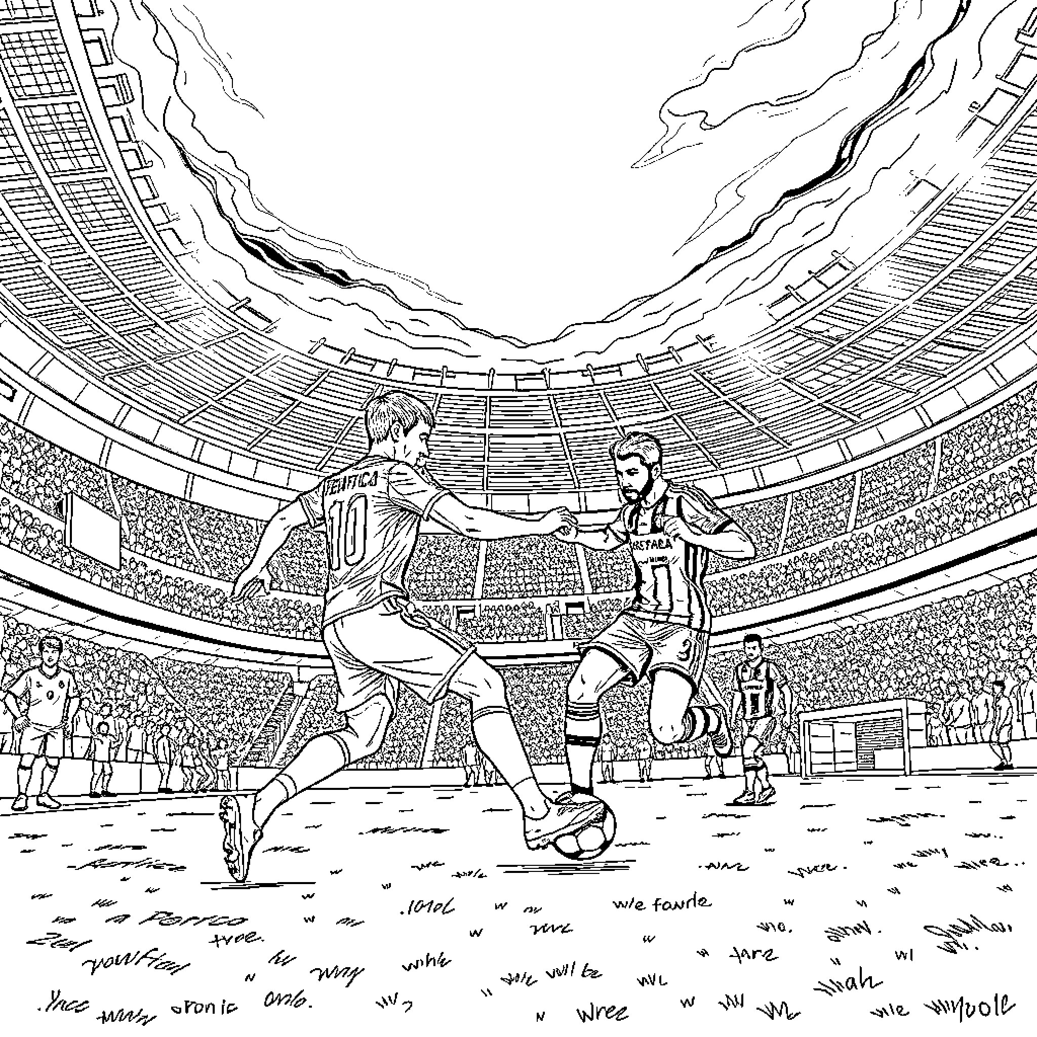 Football players competing in an intense stadium match Coloring Page (free black-and-white line drawing printable PDF for all, from beginners to advanced learners, including children, teens, adults, and seniors)