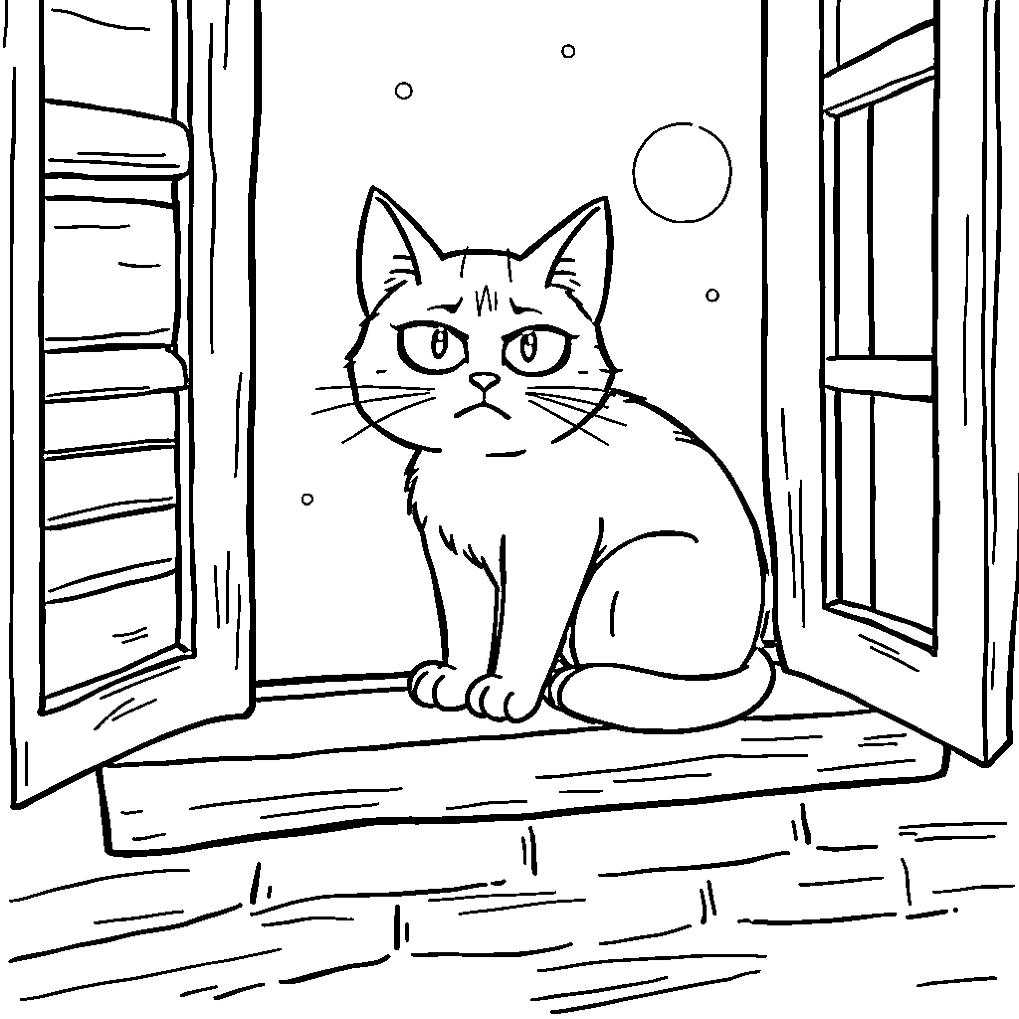 Cat sitting calmly in a window Coloring Page (free black-and-white line drawing printable PDF for all, from beginners to advanced learners, including children, teens, adults, and seniors)