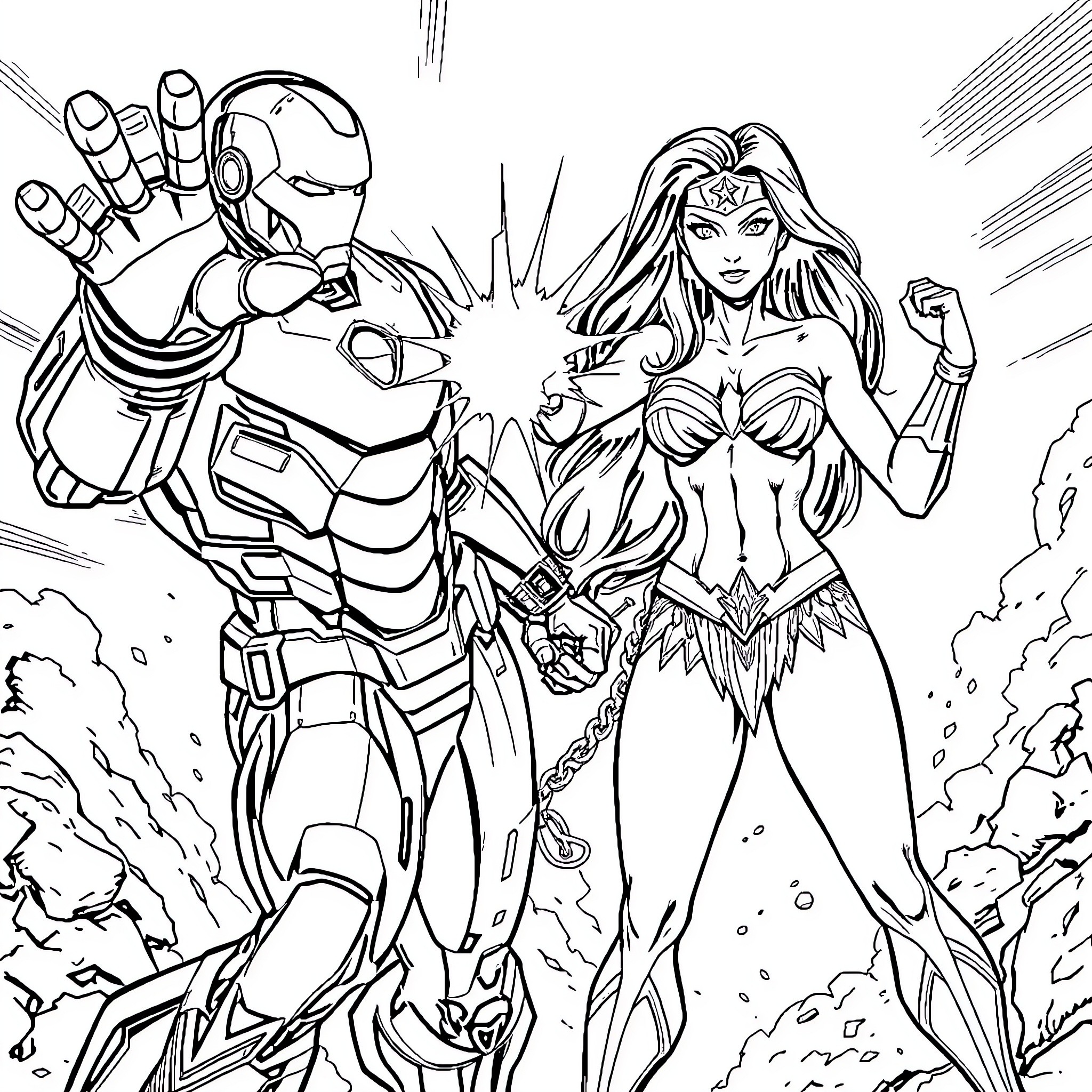 Ironman and Wonder Woman in epic battle Coloring Page (free black-and-white line drawing printable PDF for all, from beginners to advanced learners, including children, teens, adults, and seniors)