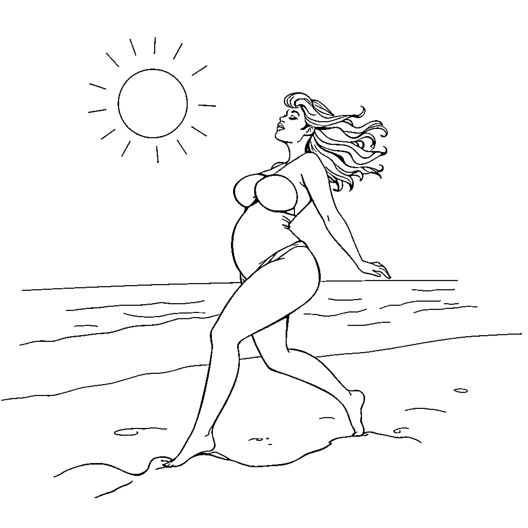 Girl enjoying the sun by the beach Coloring Page (free black-and-white line drawing printable PDF for all, from beginners to advanced learners, including children, teens, adults, and seniors)