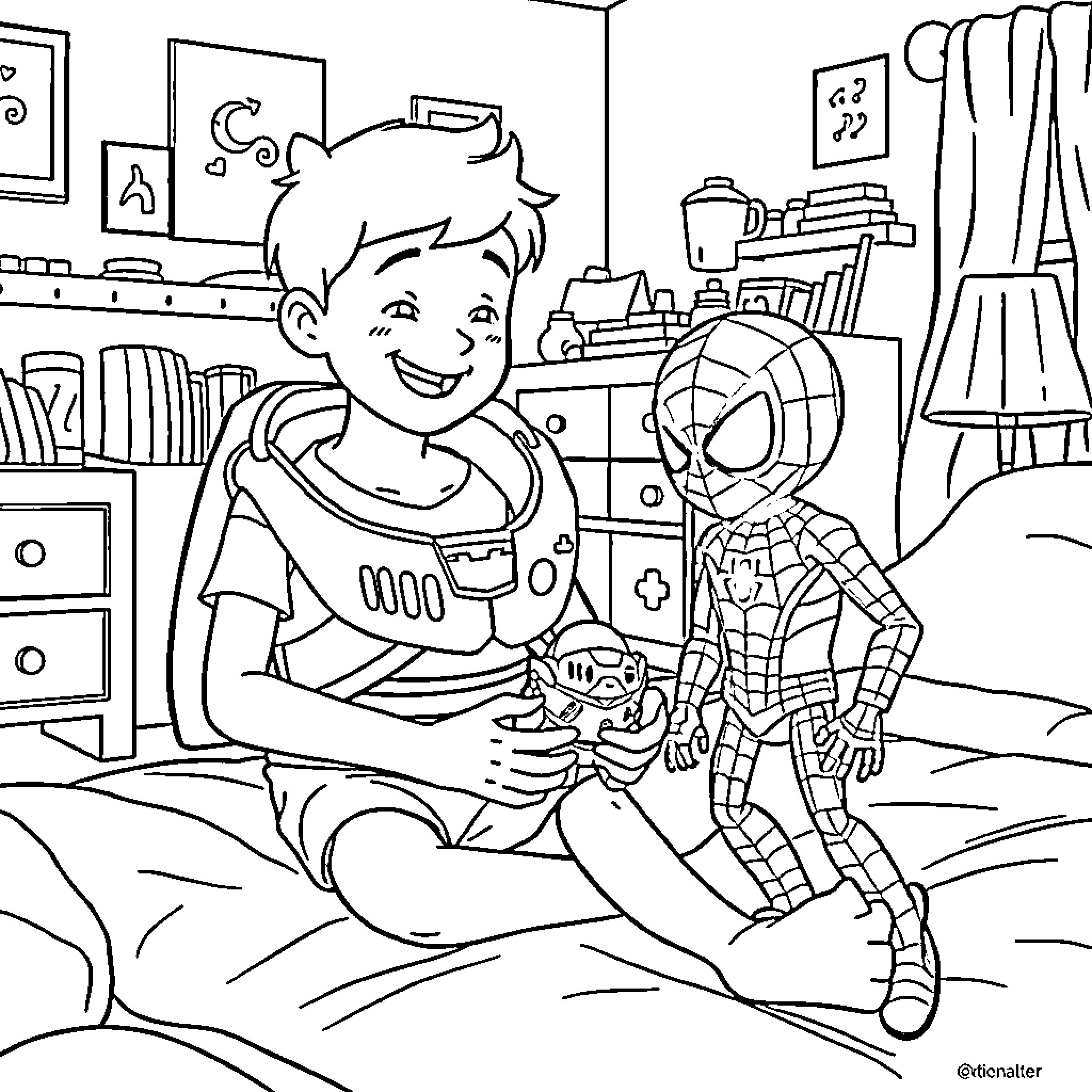 Finn playing with Spiderman toy in his room Coloring Page (free black-and-white line drawing printable PDF for all, from beginners to advanced learners, including children, teens, adults, and seniors)