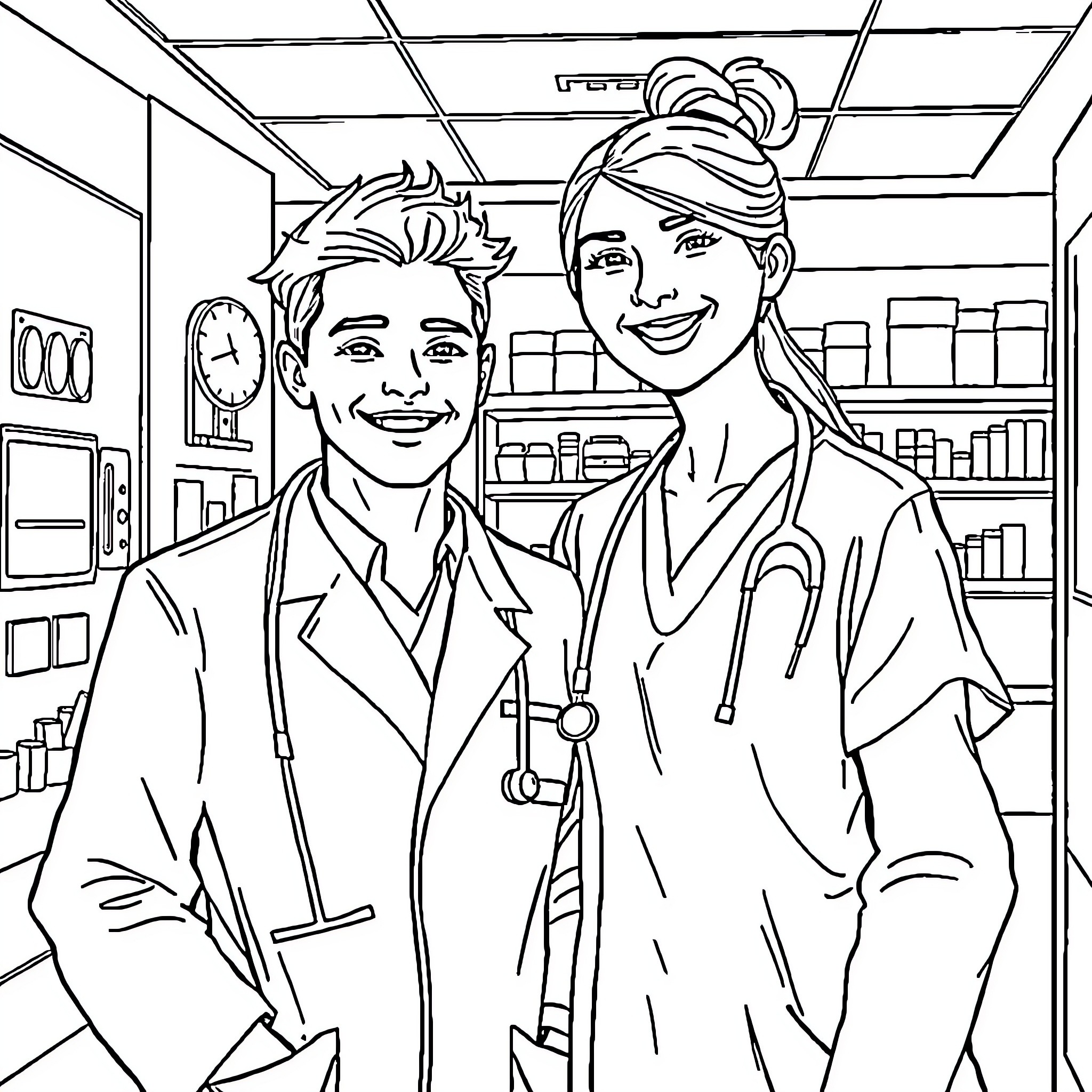 Doctor's Friendly Consultation in the Medical Office Coloring Page (free black-and-white line drawing printable PDF for all, from beginners to advanced learners, including children, teens, adults, and seniors)