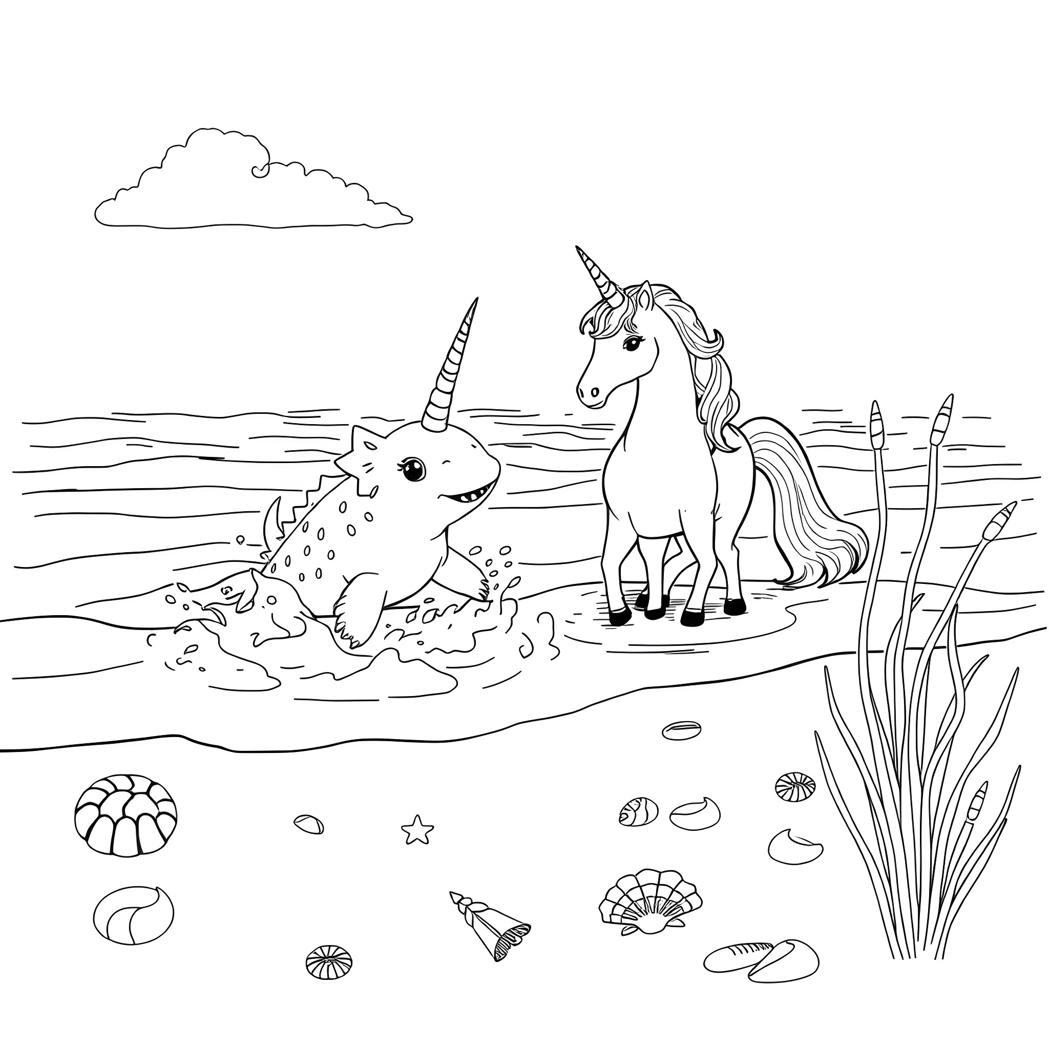 Axolotl and unicorn playing in the ocean Coloring Page (free black-and-white line drawing printable PDF for all, from beginners to advanced learners, including children, teens, adults, and seniors)