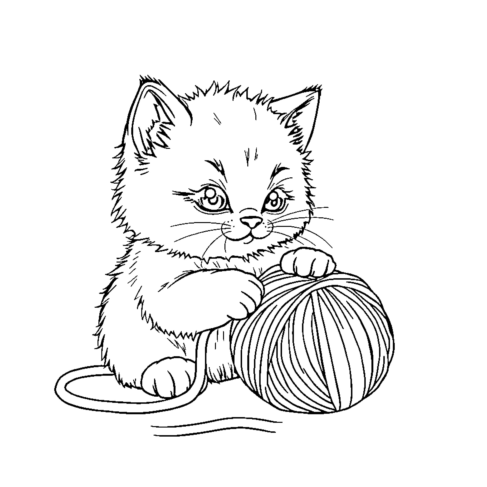 Kitten playing with yarn ball Coloring Page (free black-and-white line drawing printable PDF for all, from beginners to advanced learners, including children, teens, adults, and seniors)