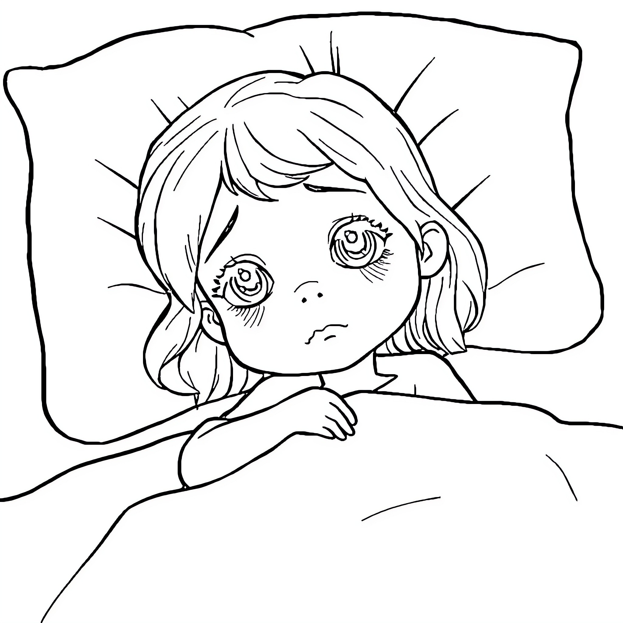 Girl resting with worry on her face Coloring Page (free black-and-white line drawing printable PDF for all, from beginners to advanced learners, including children, teens, adults, and seniors)