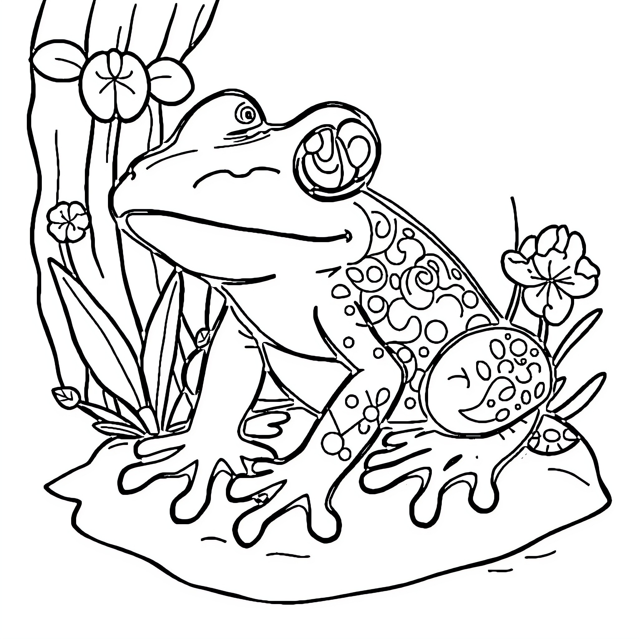 Amphibia - Cheerful frog surrounded by flowers Coloring Page (free black-and-white line drawing printable PDF for all, from beginners to advanced learners, including children, teens, adults, and seniors)