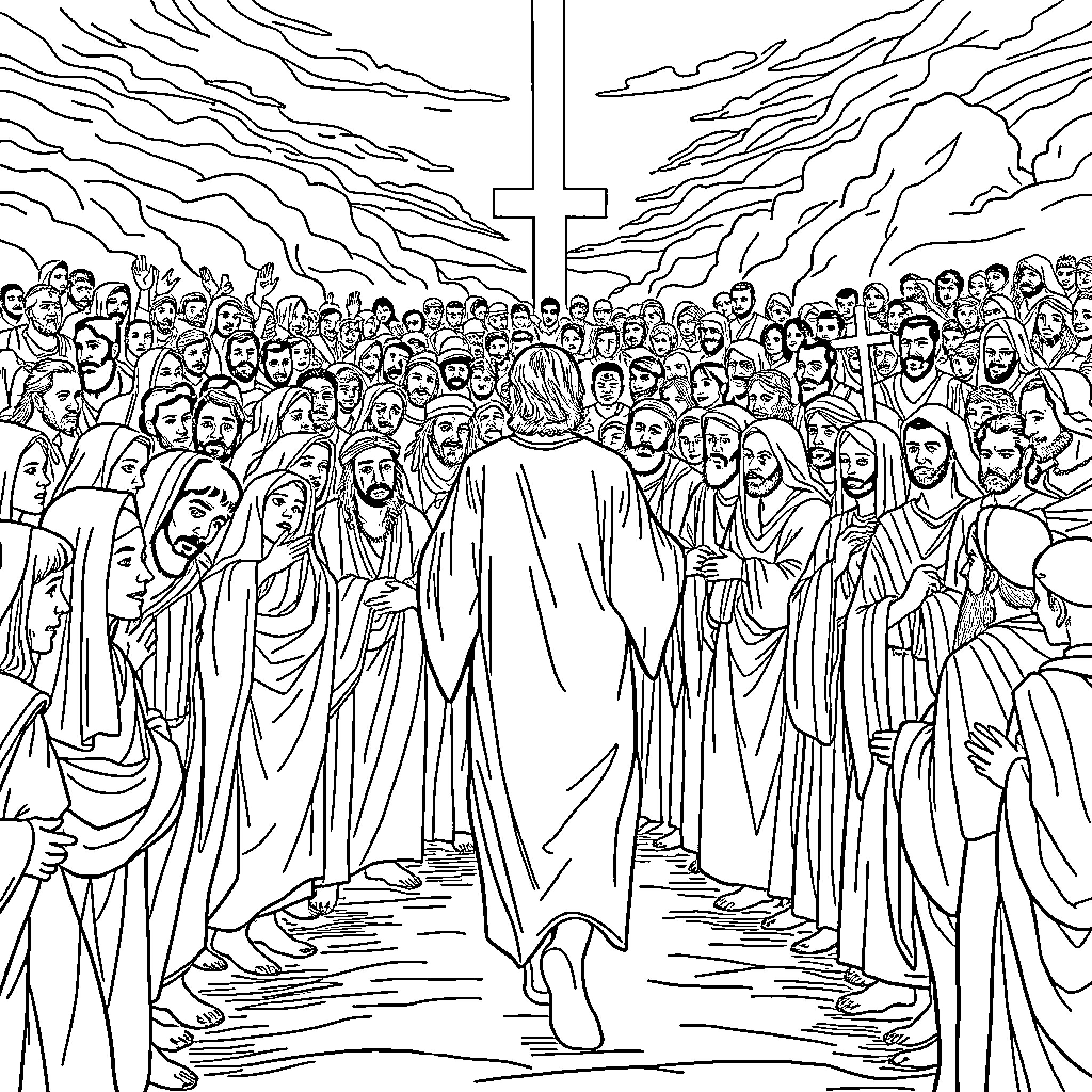 Bible Scene of Gathering Multitude and Spiritual Leader Coloring Page (free black-and-white line drawing printable PDF for all, from beginners to advanced learners, including children, teens, adults, and seniors)