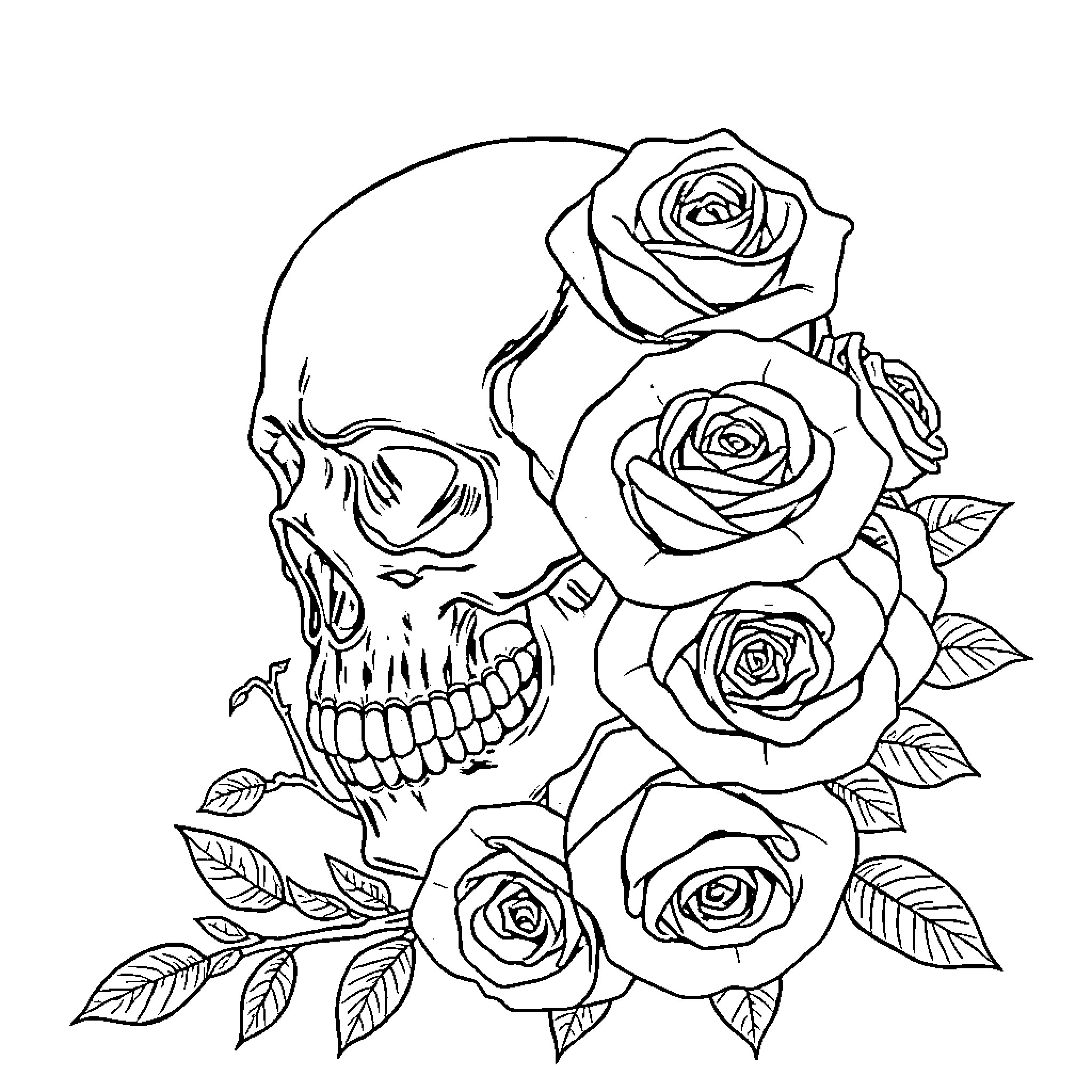 Rose-adorned Skull and Floral Design Coloring Page (free black-and-white line drawing printable PDF for all, from beginners to advanced learners, including children, teens, adults, and seniors)