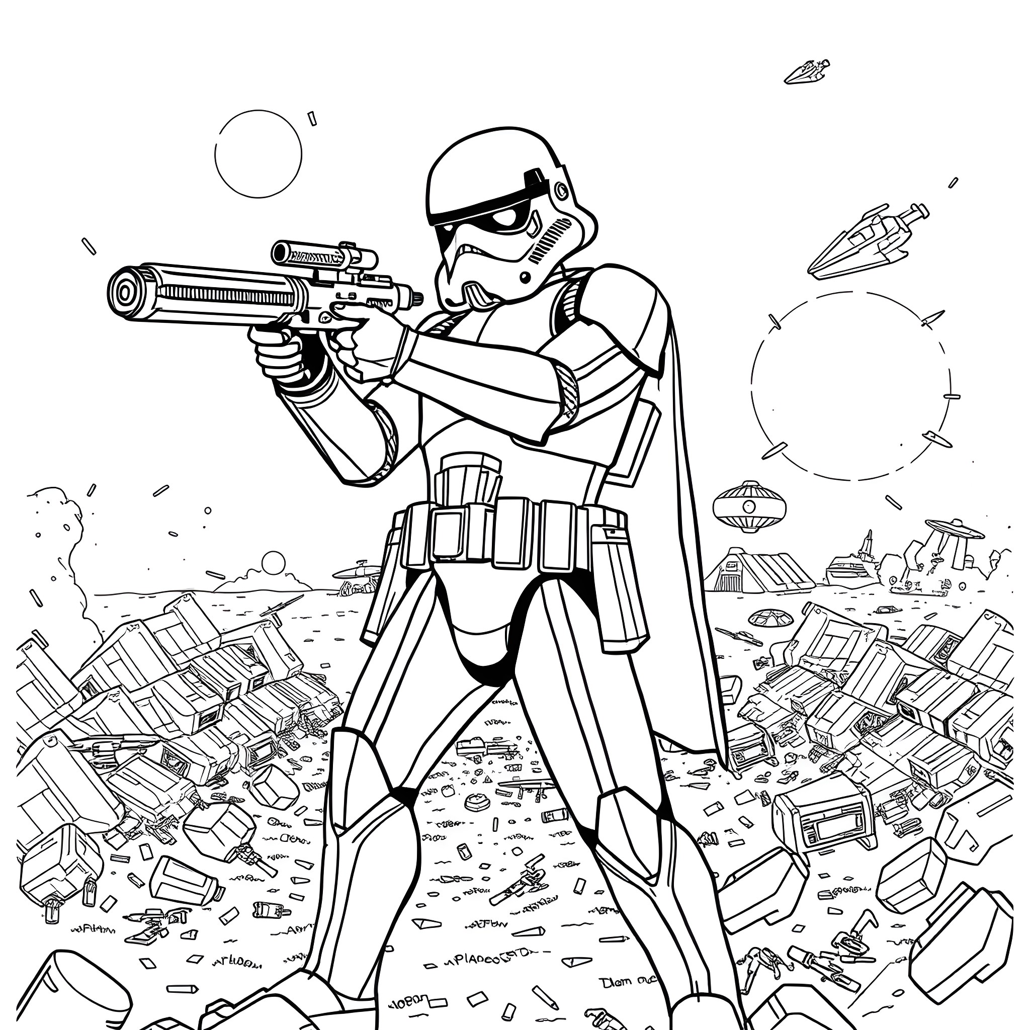 Stormtrooper aiming blaster in a battle scene Coloring Page (free black-and-white line drawing printable PDF for all, from beginners to advanced learners, including children, teens, adults, and seniors)