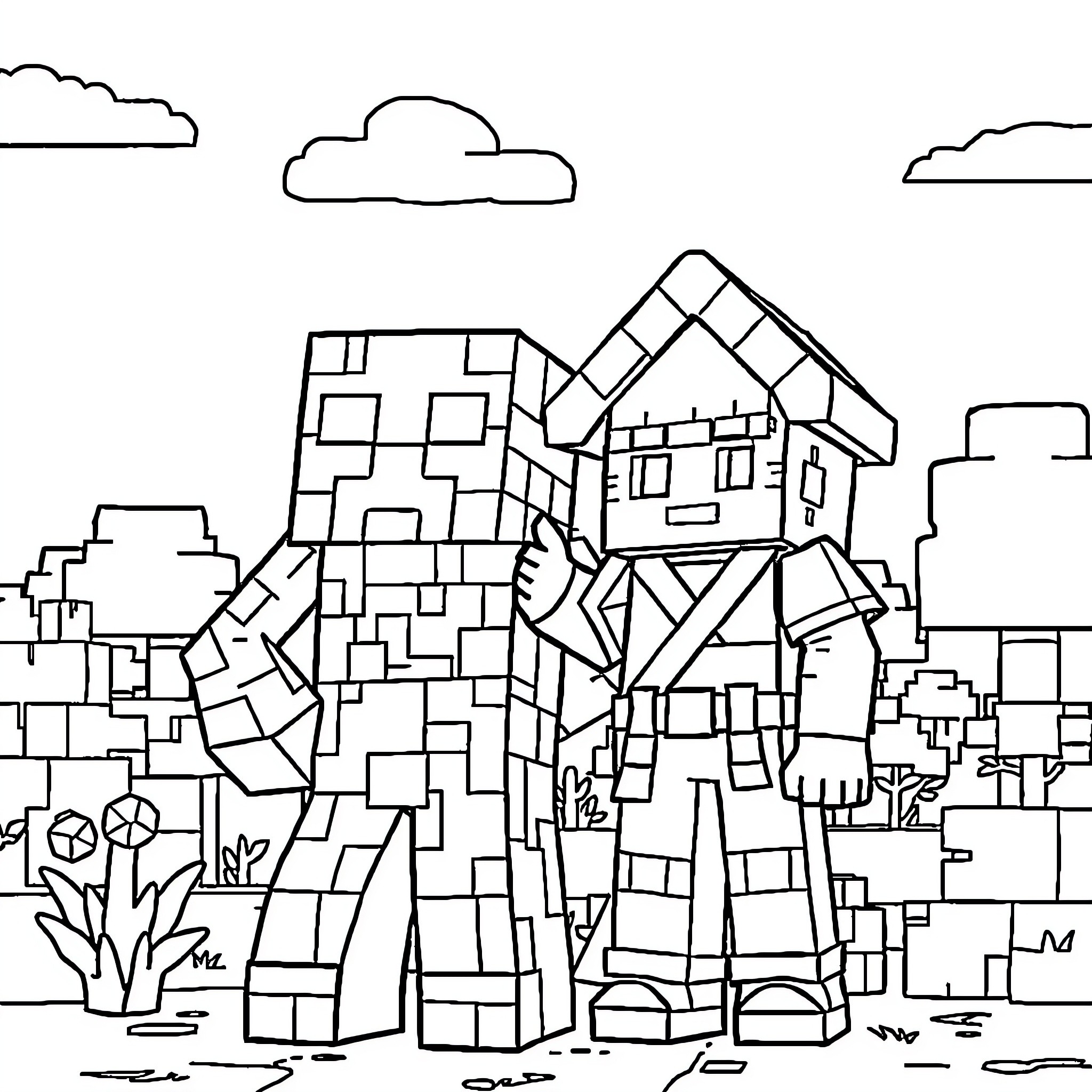 Creeper exploring the blocky landscape Coloring Page (free black-and-white line drawing printable PDF for all, from beginners to advanced learners, including children, teens, adults, and seniors)