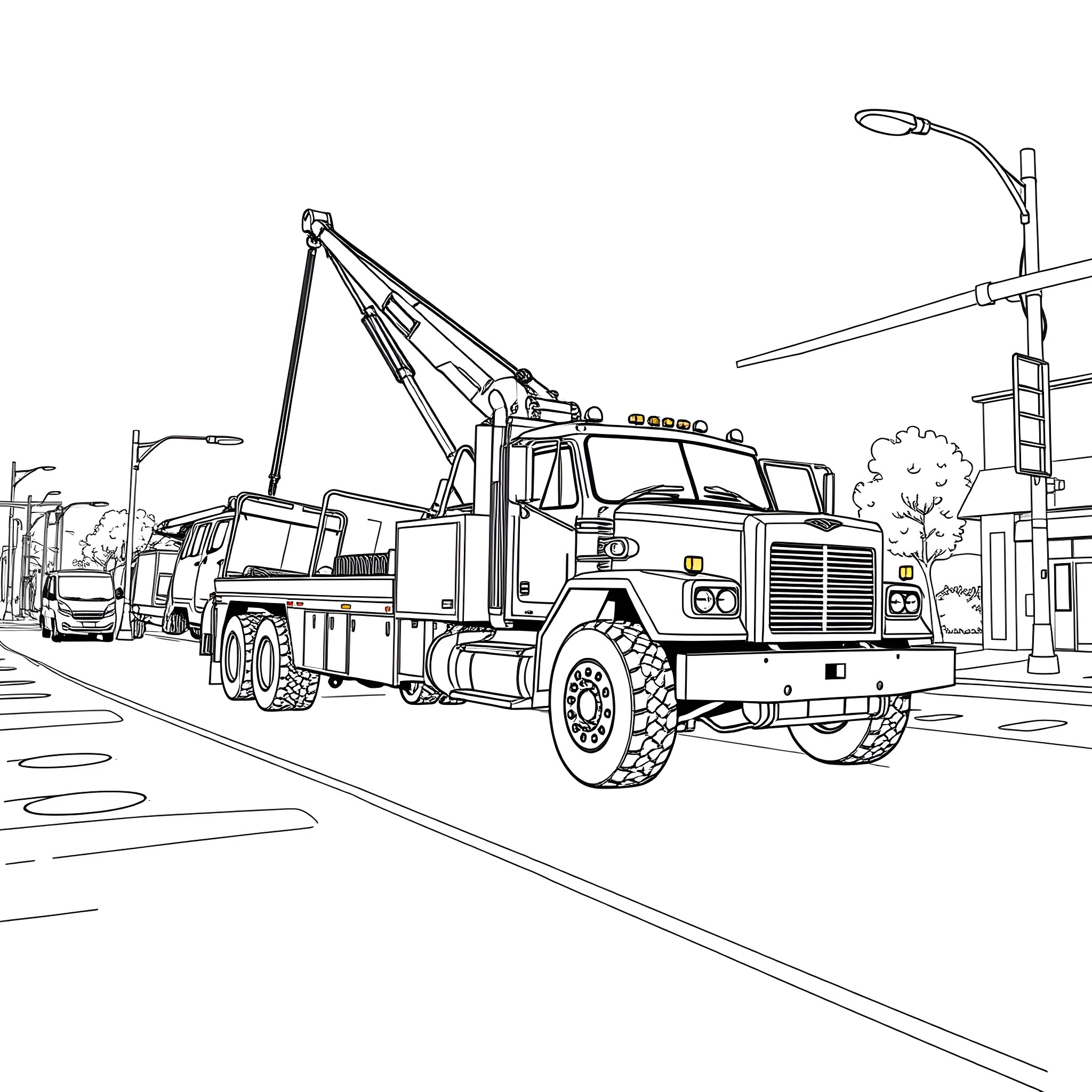 Rollback Wrecker Towing Heavy Duty Truck on the Street Coloring Page (free black-and-white line drawing printable PDF for all, from beginners to advanced learners, including children, teens, adults, and seniors)
