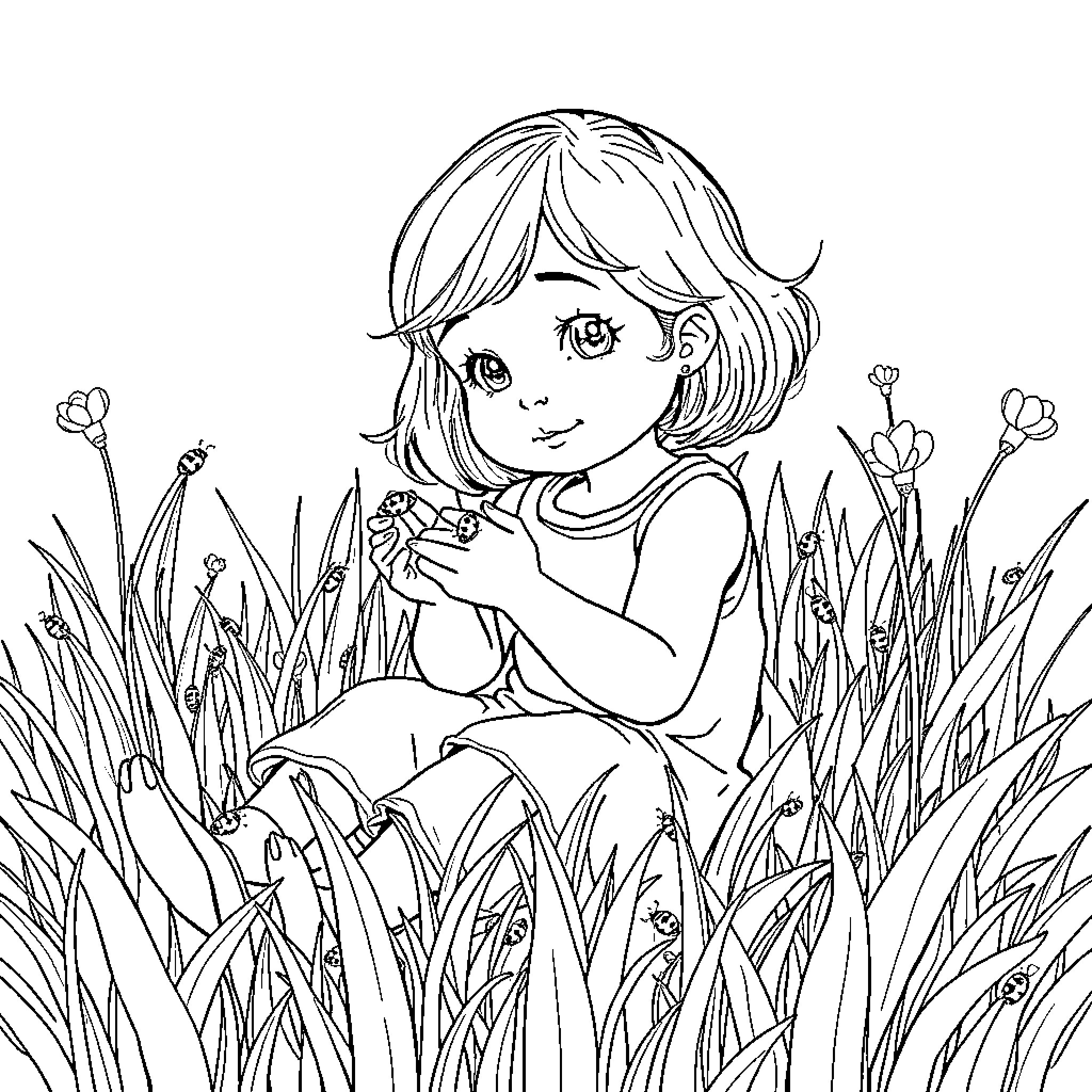Girl exploring the floral meadow Coloring Page (free black-and-white line drawing printable PDF for all, from beginners to advanced learners, including children, teens, adults, and seniors)