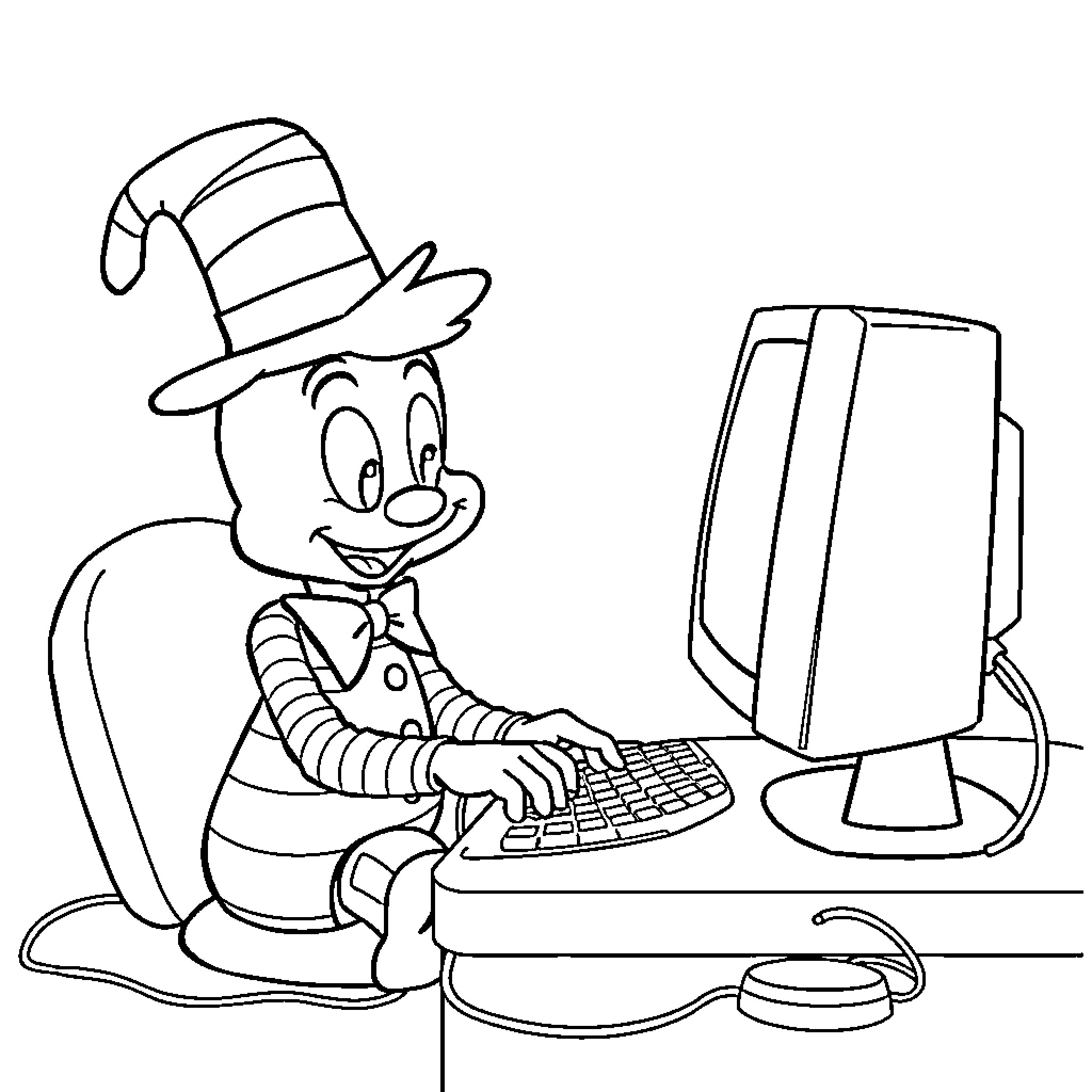 Tweedle Typing on Computer with Enthusiasm Coloring Page (free black-and-white line drawing printable PDF for all, from beginners to advanced learners, including children, teens, adults, and seniors)