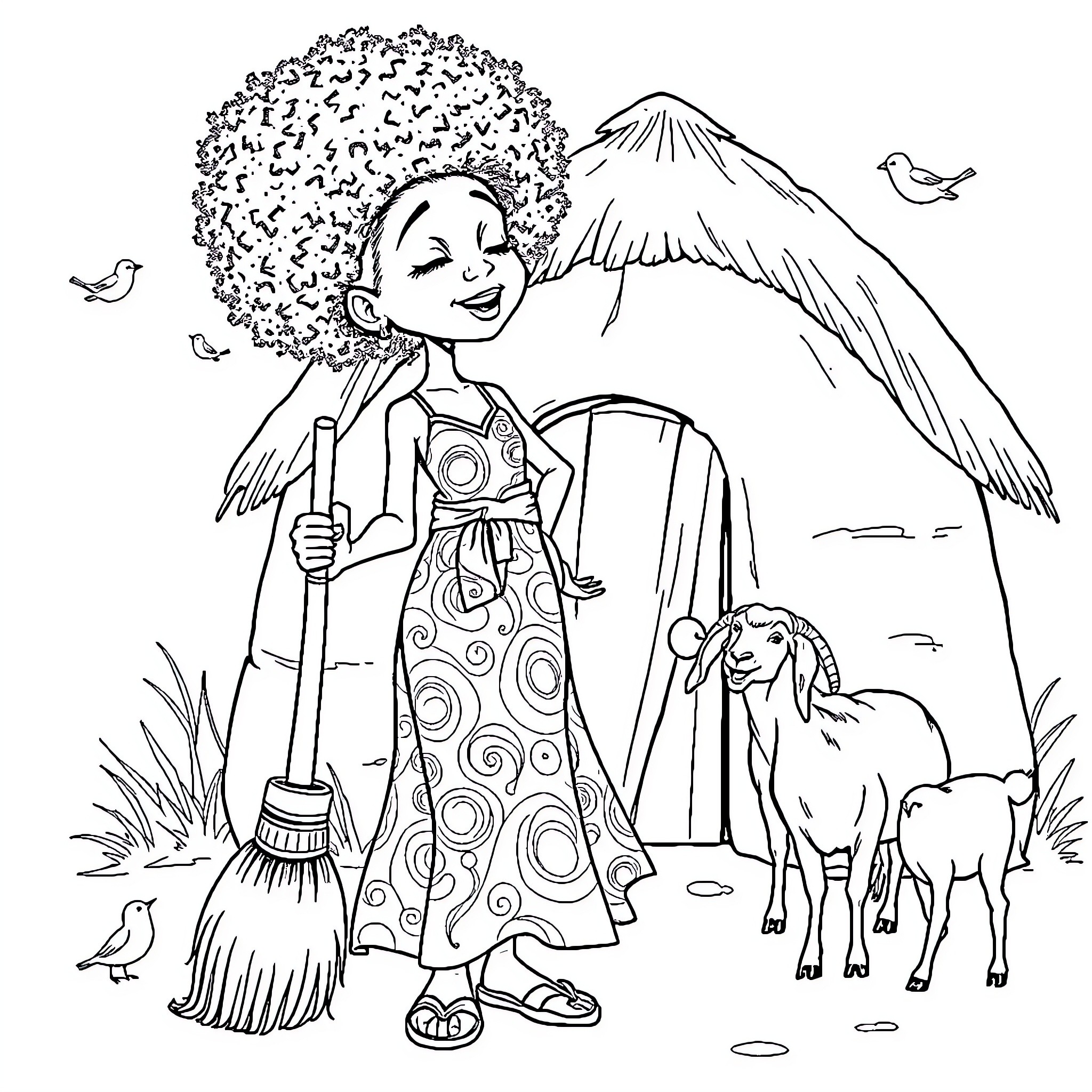Girl Tending to Animals in Mountain Landscape Coloring Page (free black-and-white line drawing printable PDF for all, from beginners to advanced learners, including children, teens, adults, and seniors)