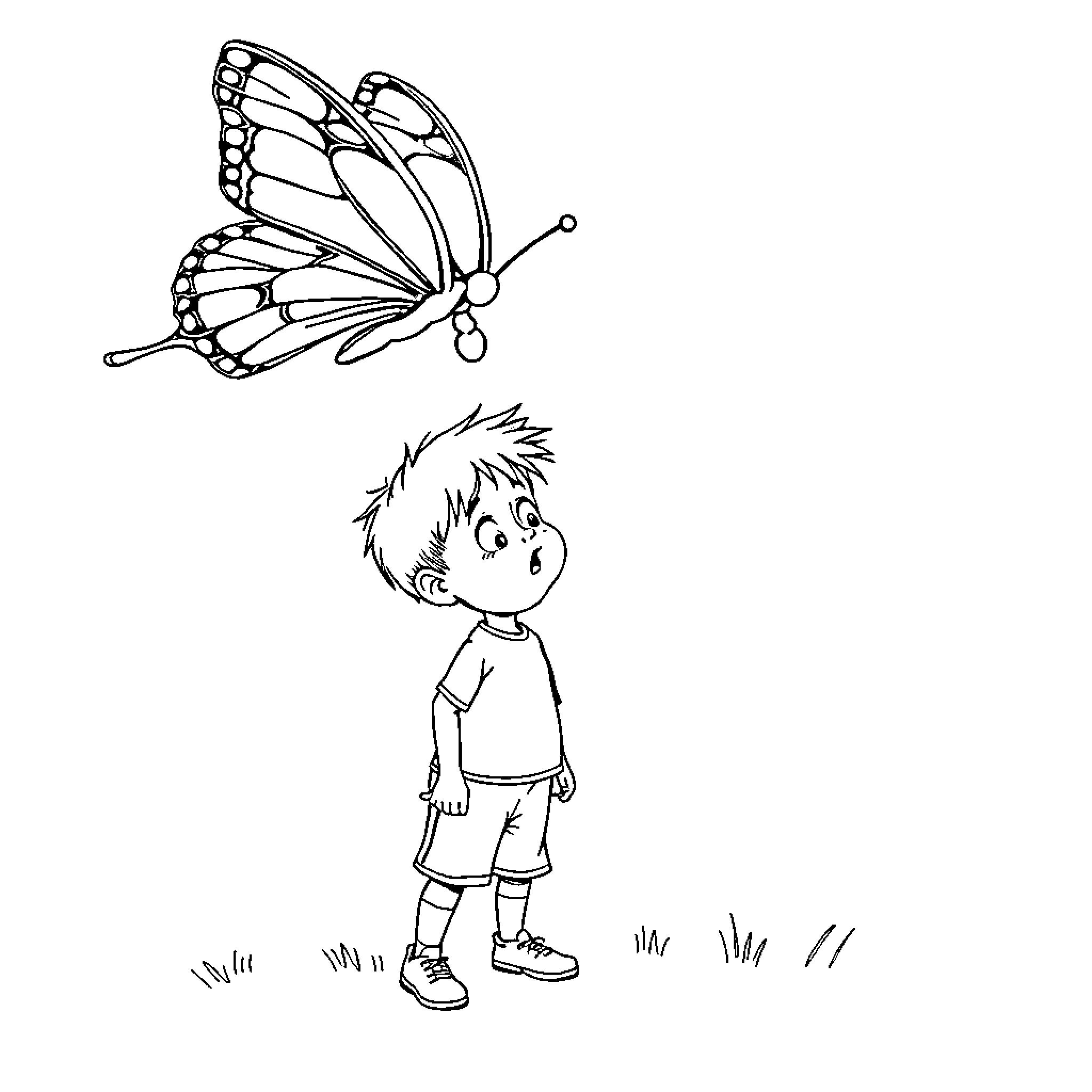 Kid marveling at the butterfly in the field Coloring Page (free black-and-white line drawing printable PDF for all, from beginners to advanced learners, including children, teens, adults, and seniors)