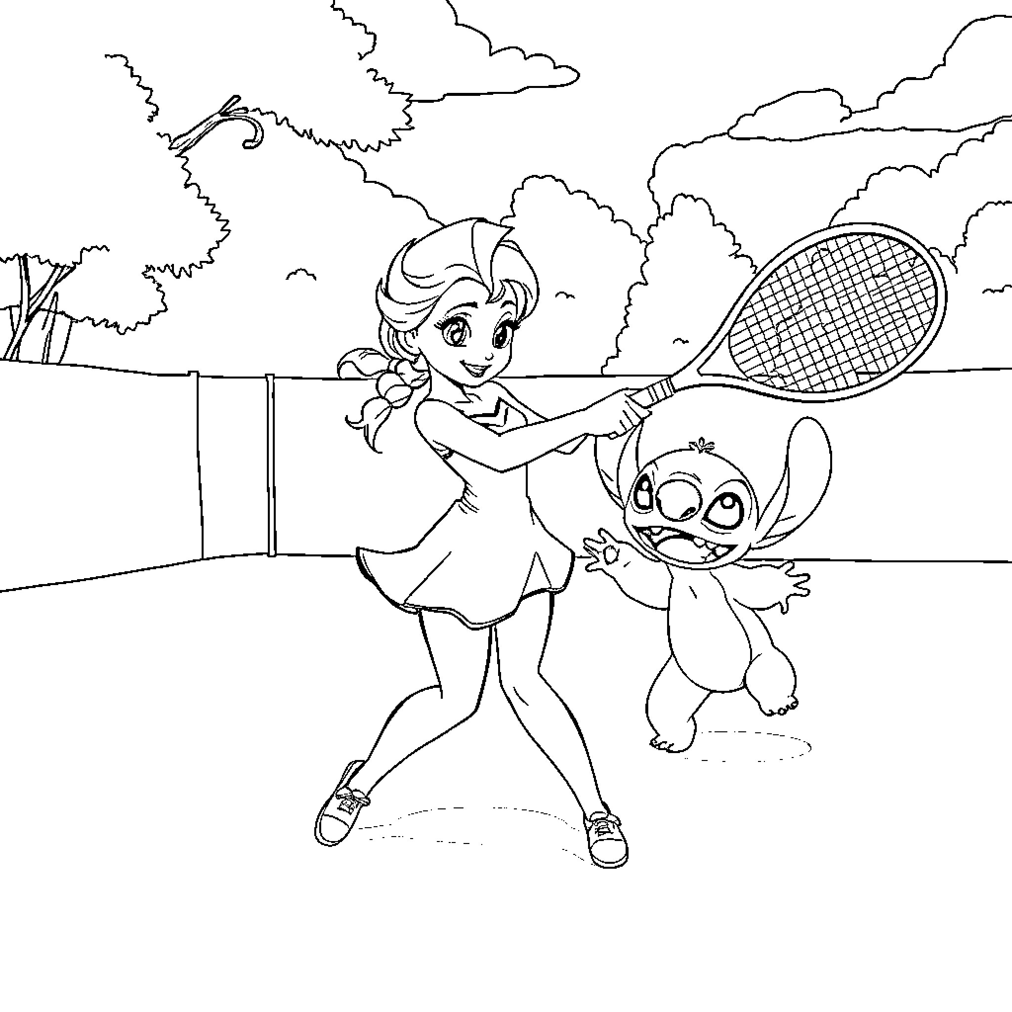 Elsa playing tennis with Stitch on the court Coloring Page (free black-and-white line drawing printable PDF for all, from beginners to advanced learners, including children, teens, adults, and seniors)