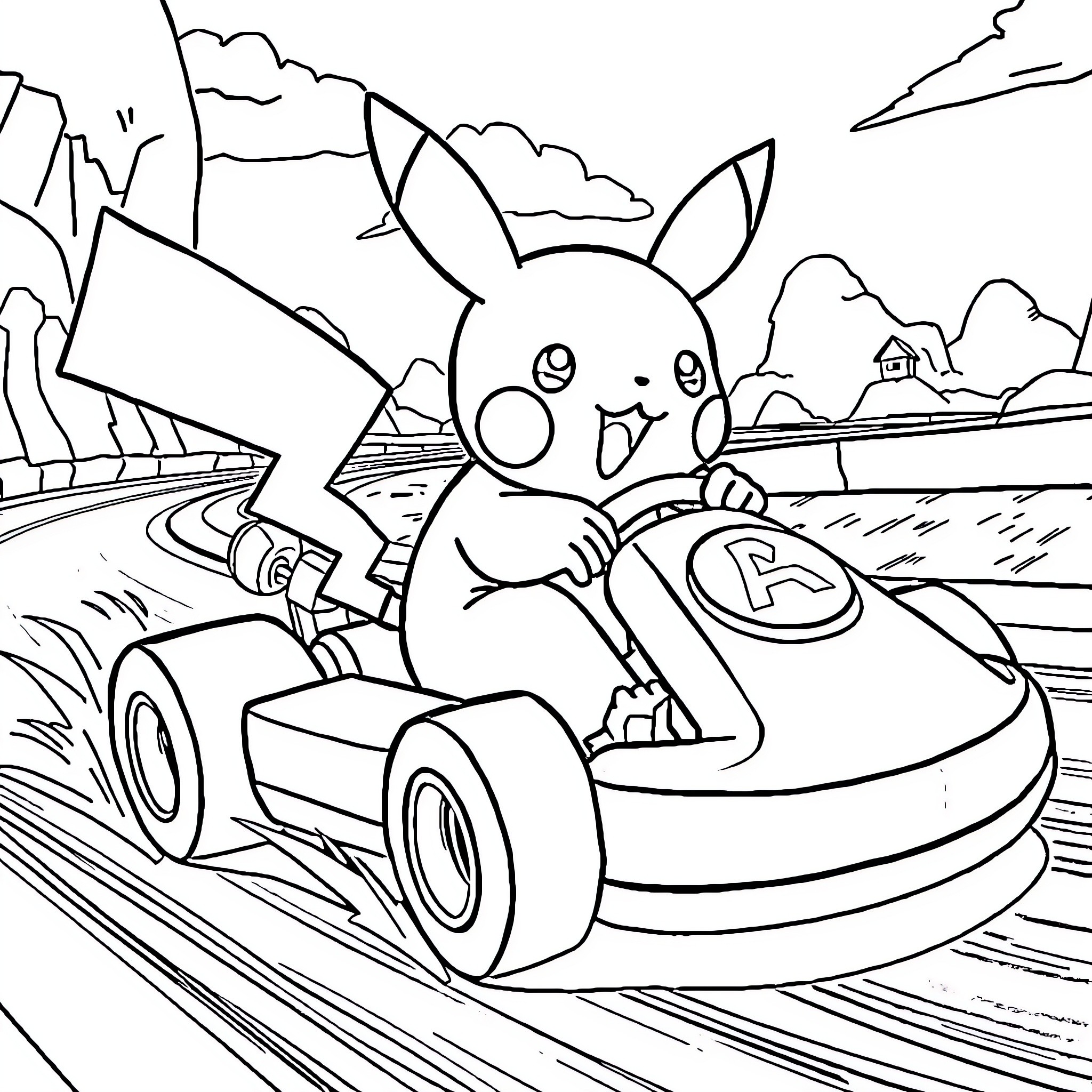 Pikachu driving a race car on a winding road Coloring Page (free black-and-white line drawing printable PDF for all, from beginners to advanced learners, including children, teens, adults, and seniors)
