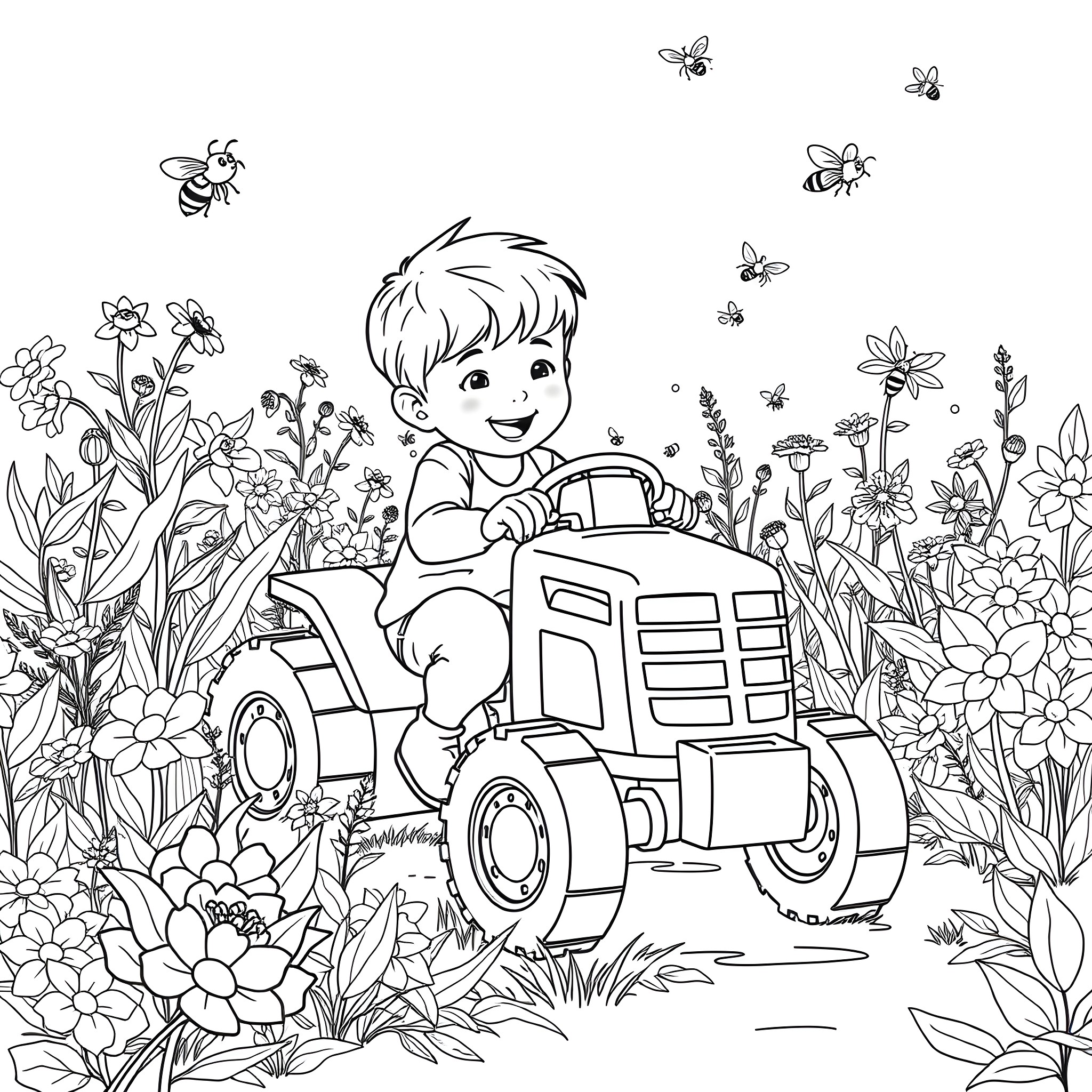 Boy playing happily with toy tractor in the garden Coloring Page (free black-and-white line drawing printable PDF for all, from beginners to advanced learners, including children, teens, adults, and seniors)