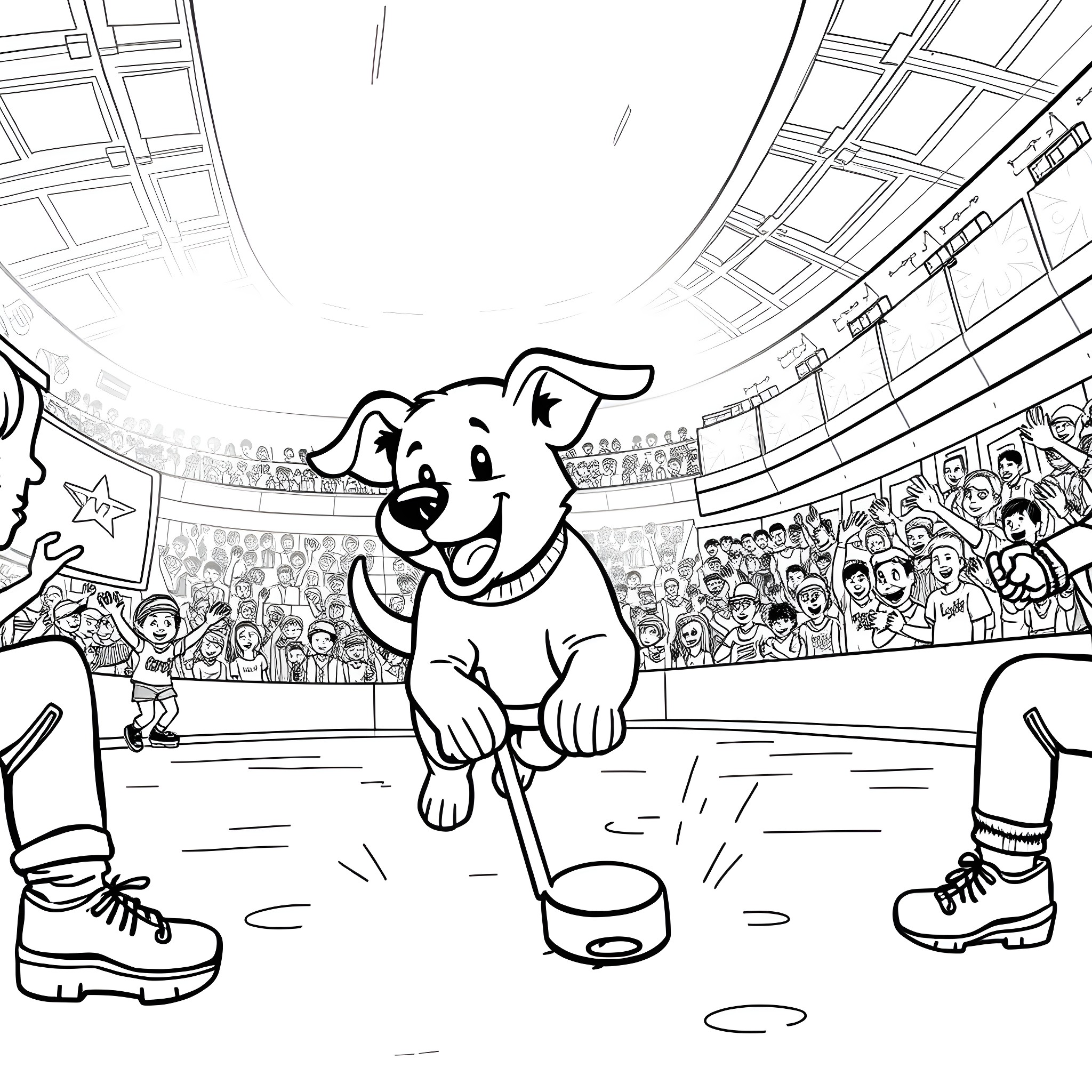 Dog Performing Tricks in Stadium Coloring Page (free black-and-white line drawing printable PDF for all, from beginners to advanced learners, including children, teens, adults, and seniors)