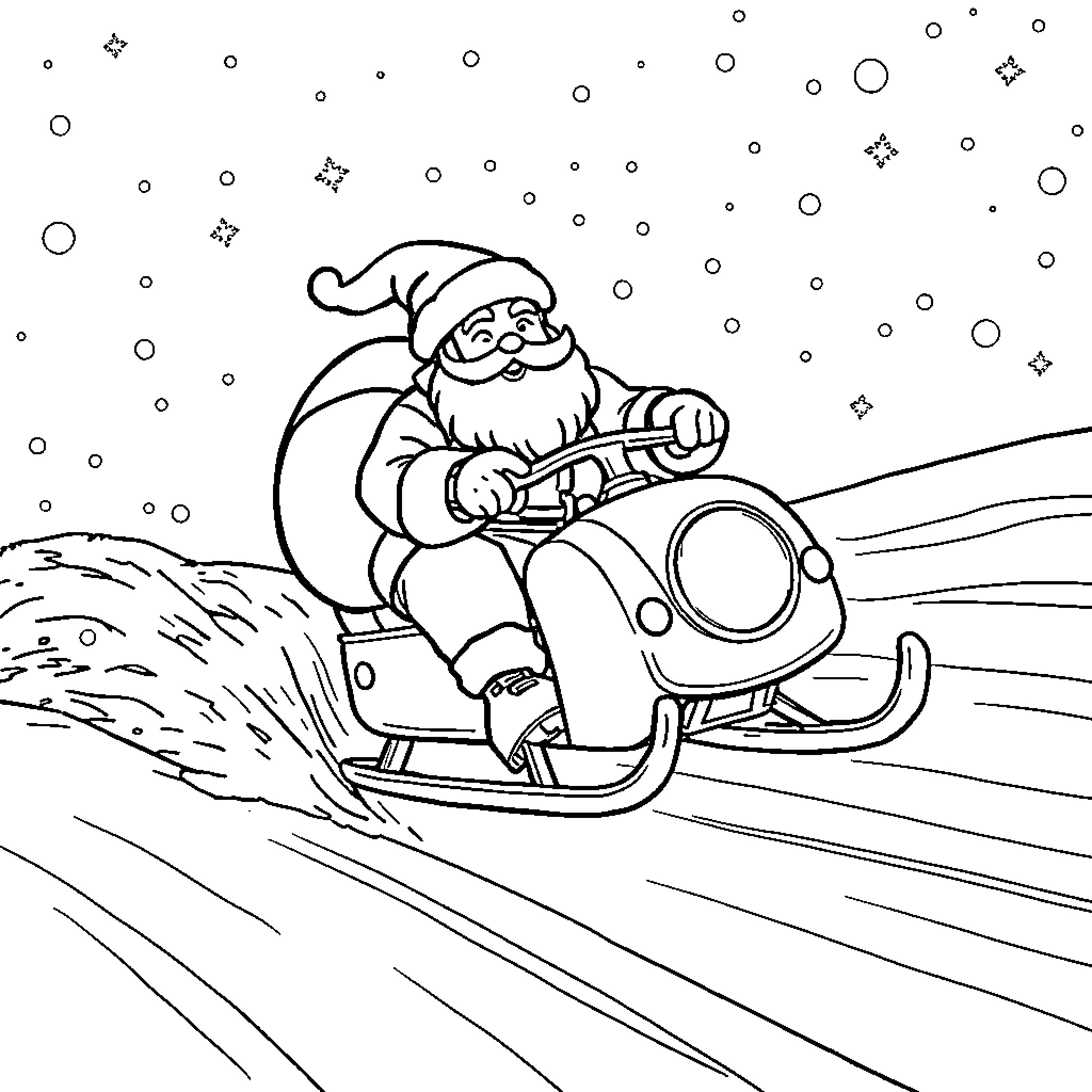 Santa Claus riding a snowmobile in the snowy landscape Coloring Page (free black-and-white line drawing printable PDF for all, from beginners to advanced learners, including children, teens, adults, and seniors)