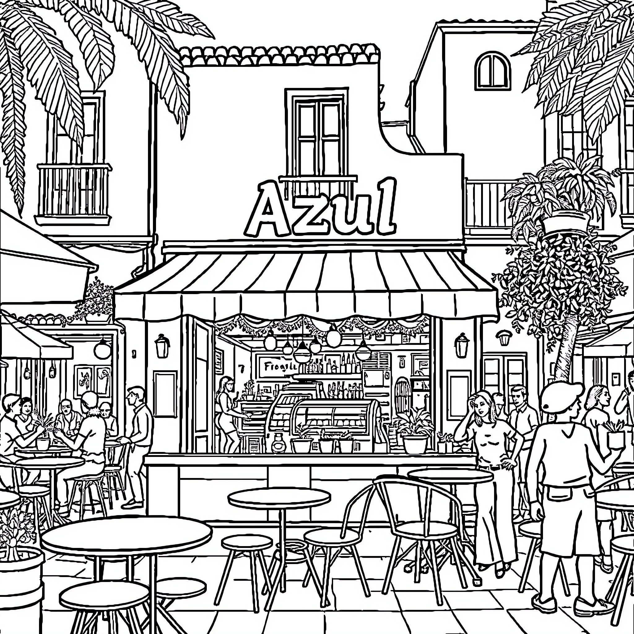 Coffee shop scene with people and palm trees Coloring Page (free black-and-white line drawing printable PDF for all, from beginners to advanced learners, including children, teens, adults, and seniors)