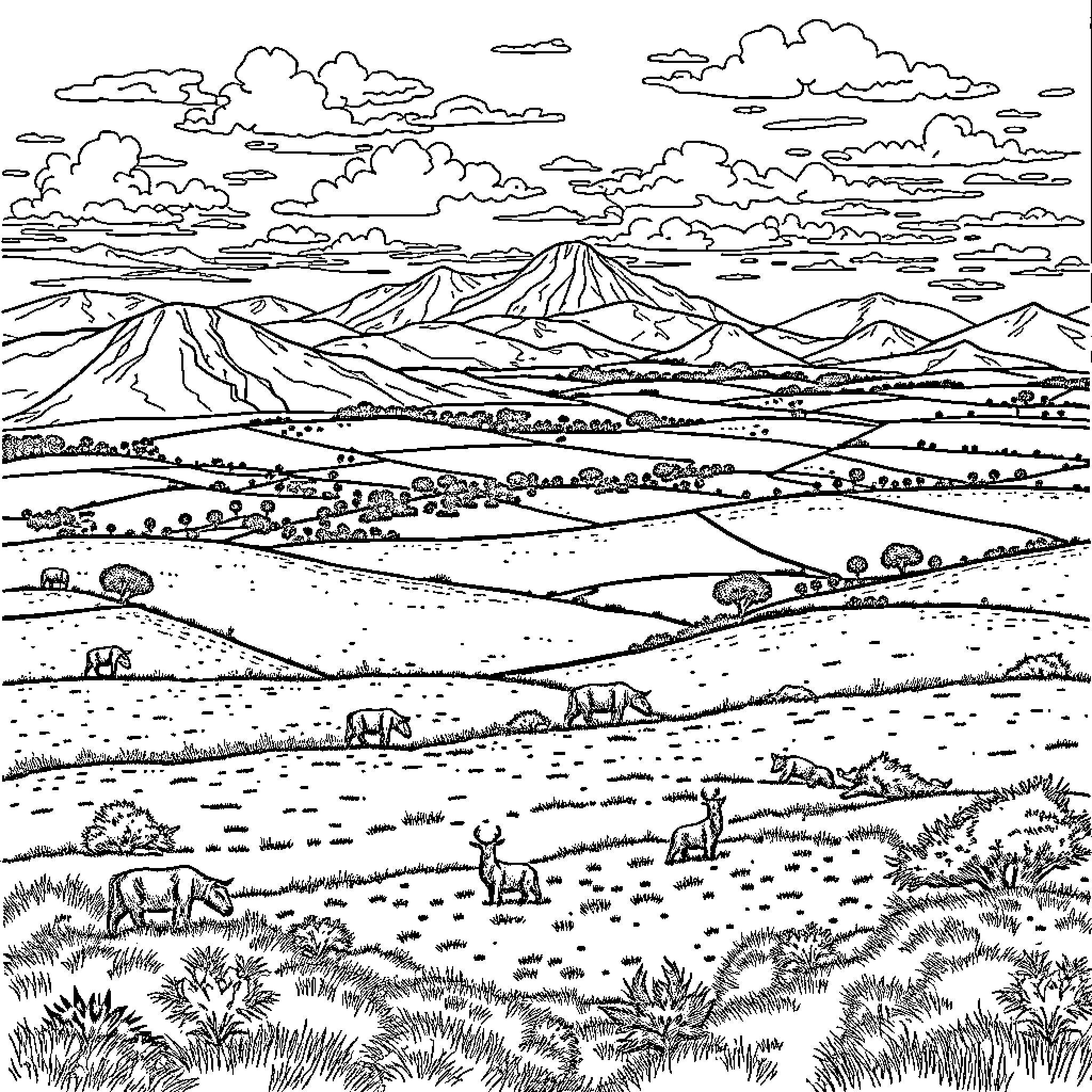 Farm Landscape with Mountainous Terrain and Grazing Animals Coloring Page (free black-and-white line drawing printable PDF for all, from beginners to advanced learners, including children, teens, adults, and seniors)