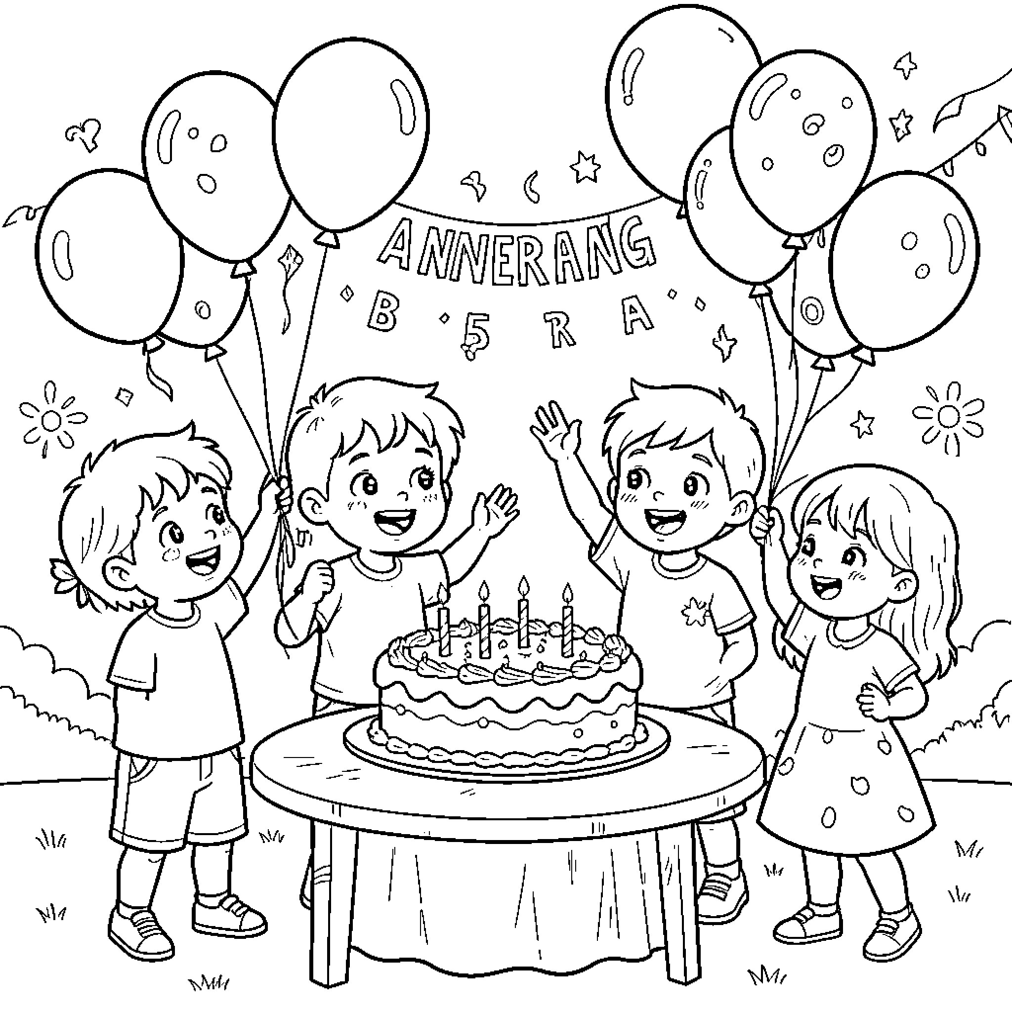 Child celebrating a birthday party with friends and balloons Coloring Page (free black-and-white line drawing printable PDF for all, from beginners to advanced learners, including children, teens, adults, and seniors)