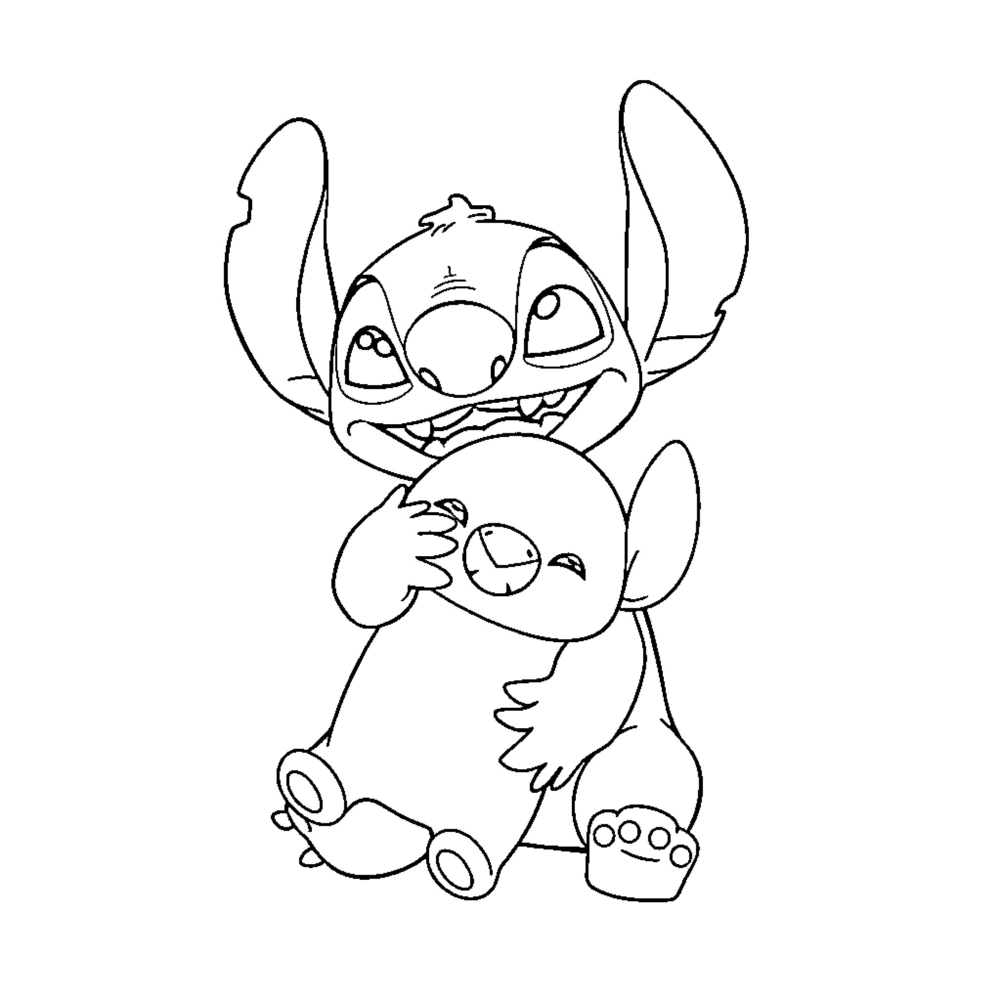 Stitch hugging a small chick figure Coloring Page (free black-and-white line drawing printable PDF for all, from beginners to advanced learners, including children, teens, adults, and seniors)