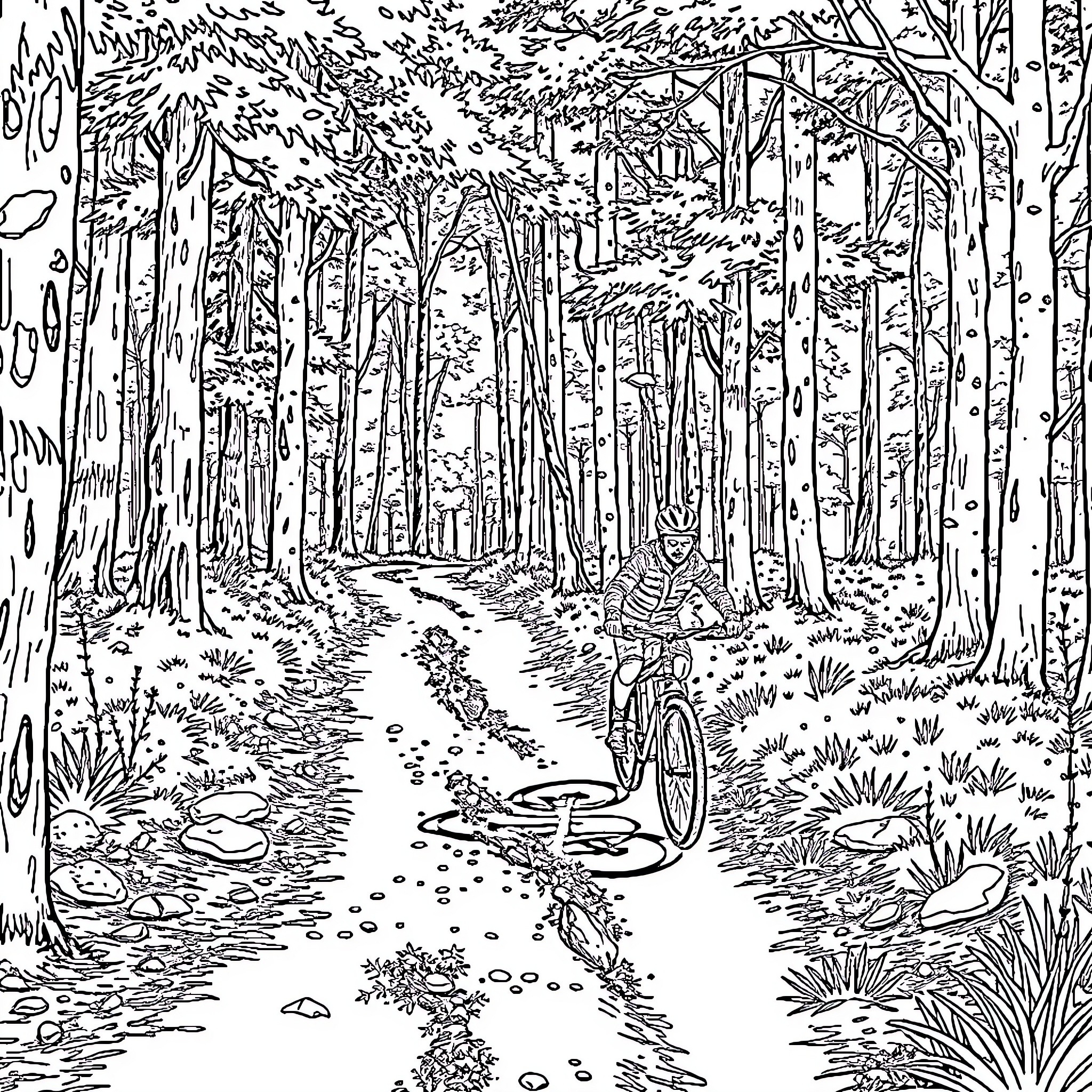 VTT Person Riding Bicycle on Forest Path Coloring Page (free black-and-white line drawing printable PDF for all, from beginners to advanced learners, including children, teens, adults, and seniors)