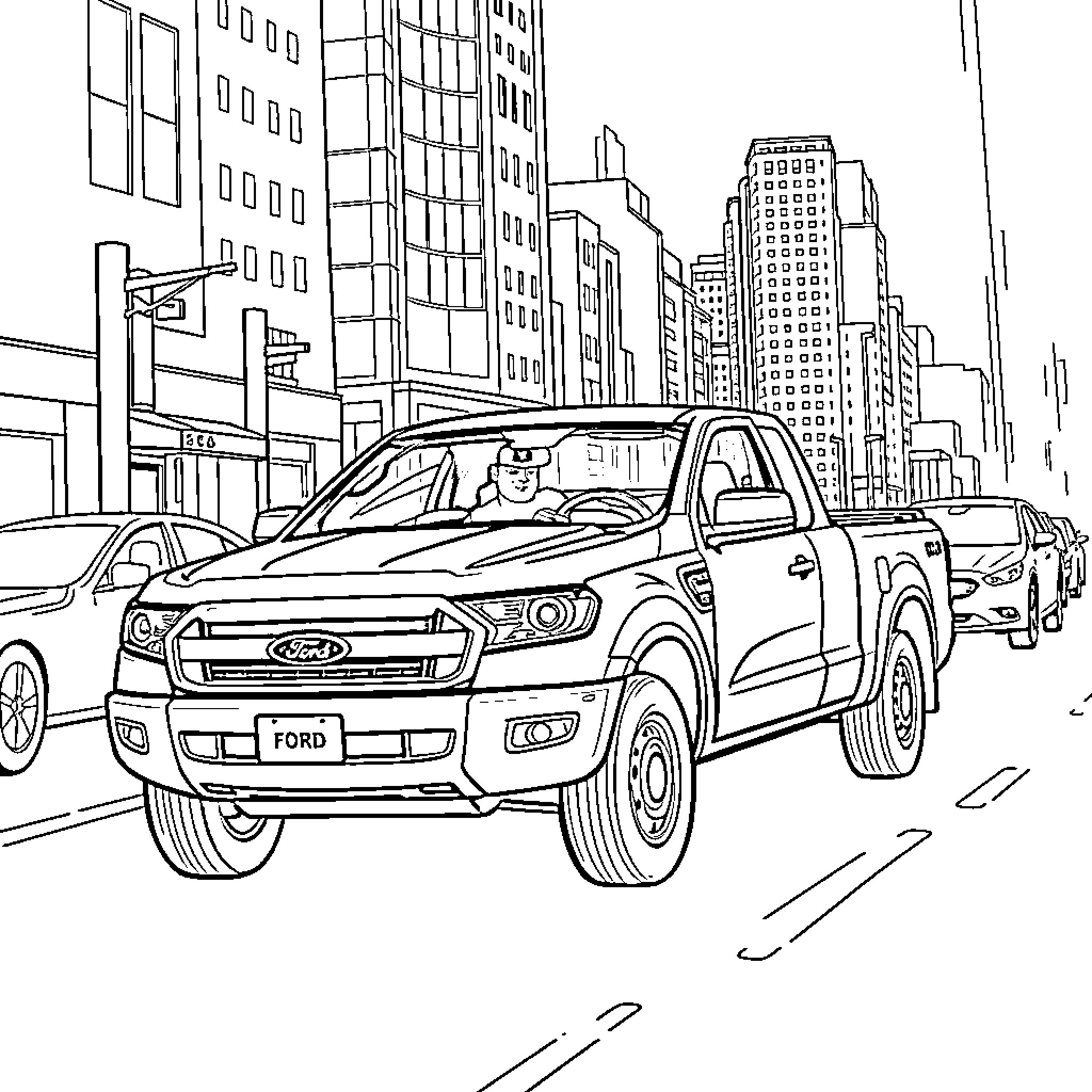 Superman's Ford pickup truck navigates the city streets Coloring Page (free black-and-white line drawing printable PDF for all, from beginners to advanced learners, including children, teens, adults, and seniors)