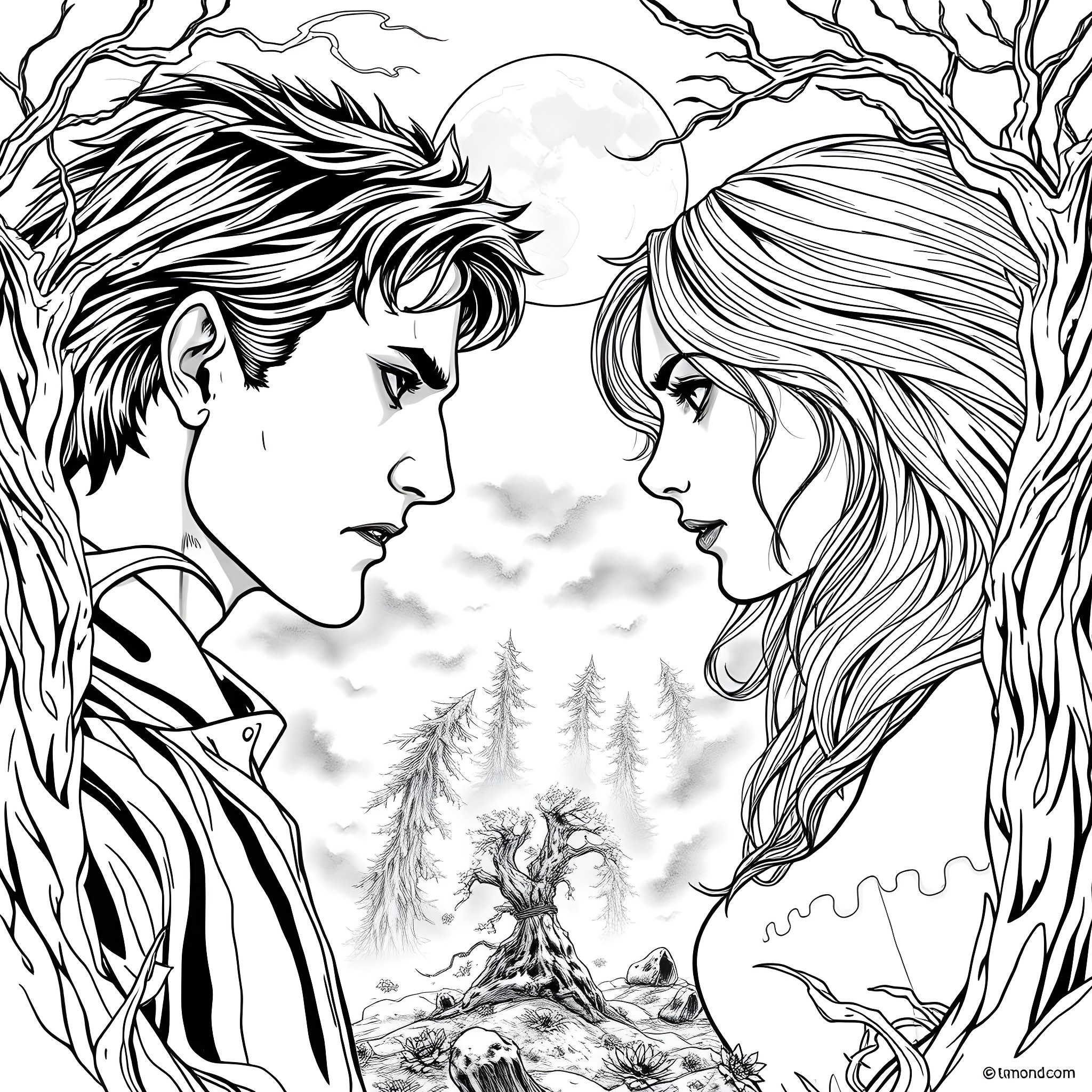 Damon Salvatore and Elena Gilbert in a Moonlit Forest Scene Coloring Page (free black-and-white line drawing printable PDF for all, from beginners to advanced learners, including children, teens, adults, and seniors)