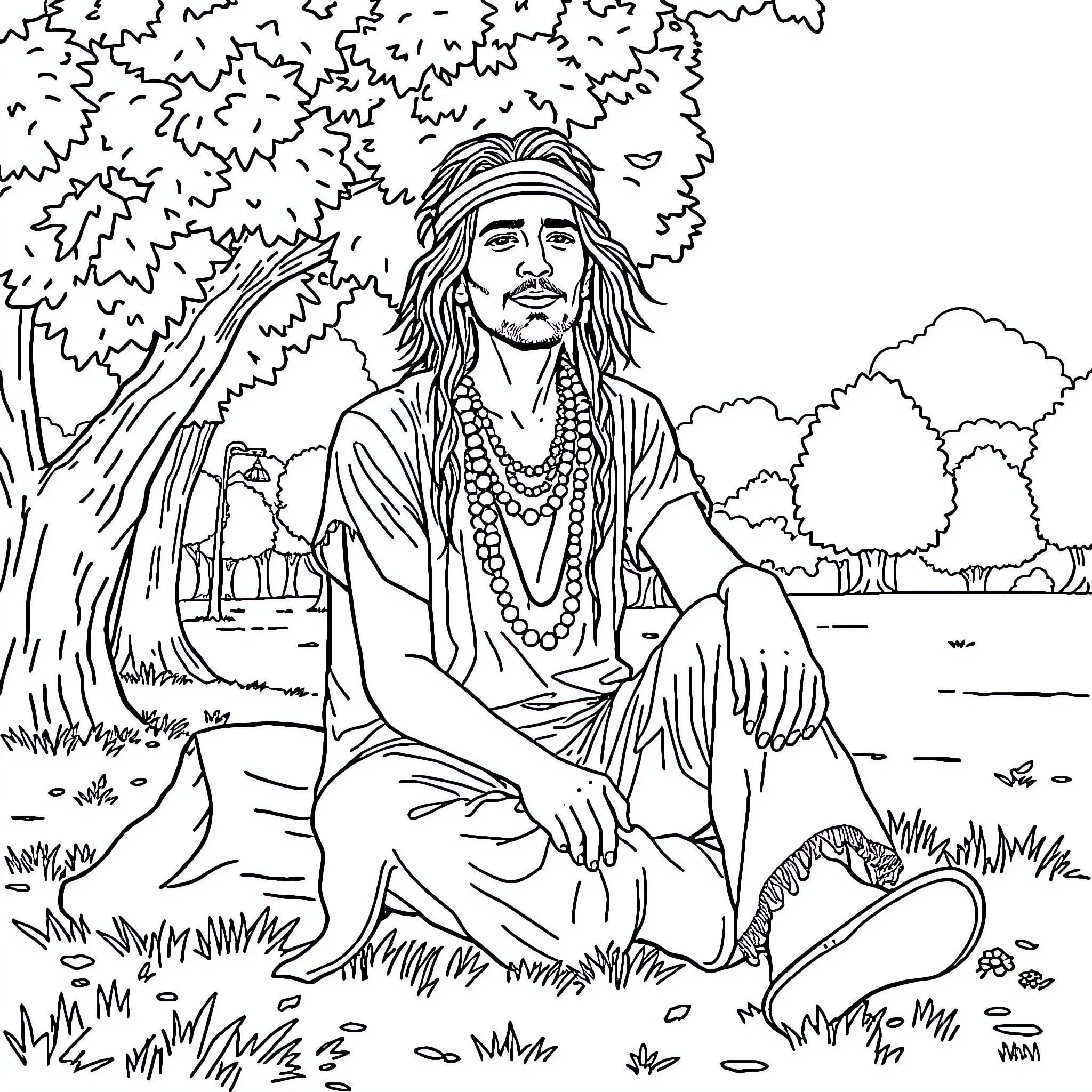 Hippie enjoying peaceful solitude in natural setting Coloring Page (free black-and-white line drawing printable PDF for all, from beginners to advanced learners, including children, teens, adults, and seniors)