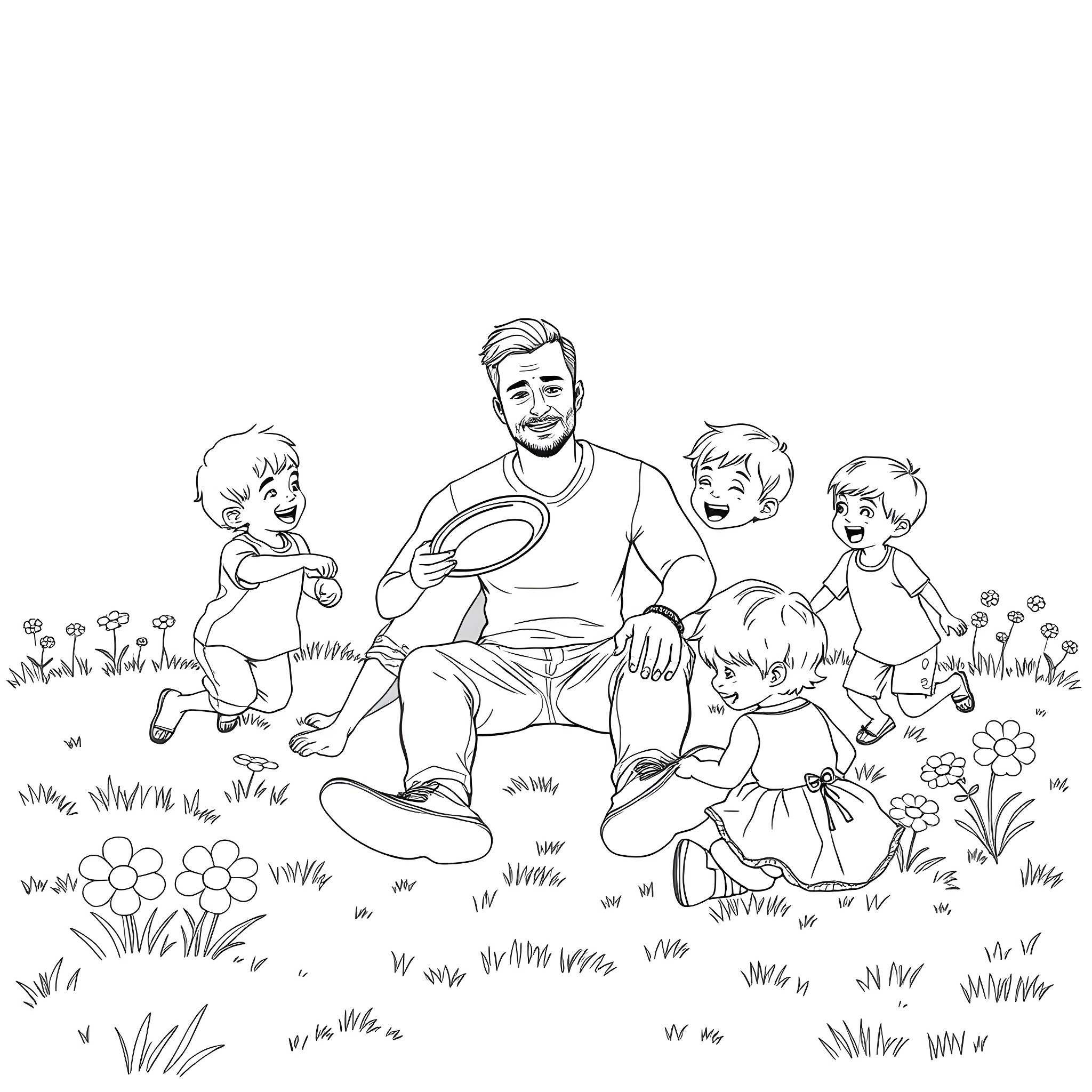 Dad Spending Quality Time with Children Outdoors Coloring Page (free black-and-white line drawing printable PDF for all, from beginners to advanced learners, including children, teens, adults, and seniors)