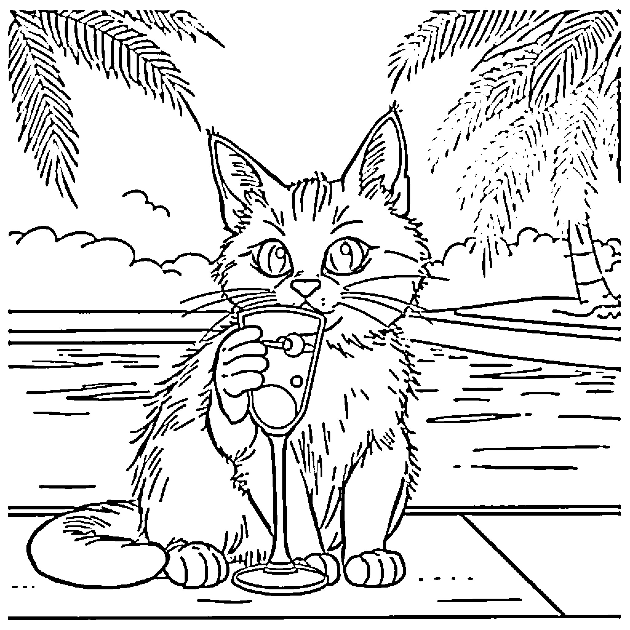 Cat enjoying a tropical vacation Coloring Page (free black-and-white line drawing printable PDF for all, from beginners to advanced learners, including children, teens, adults, and seniors)